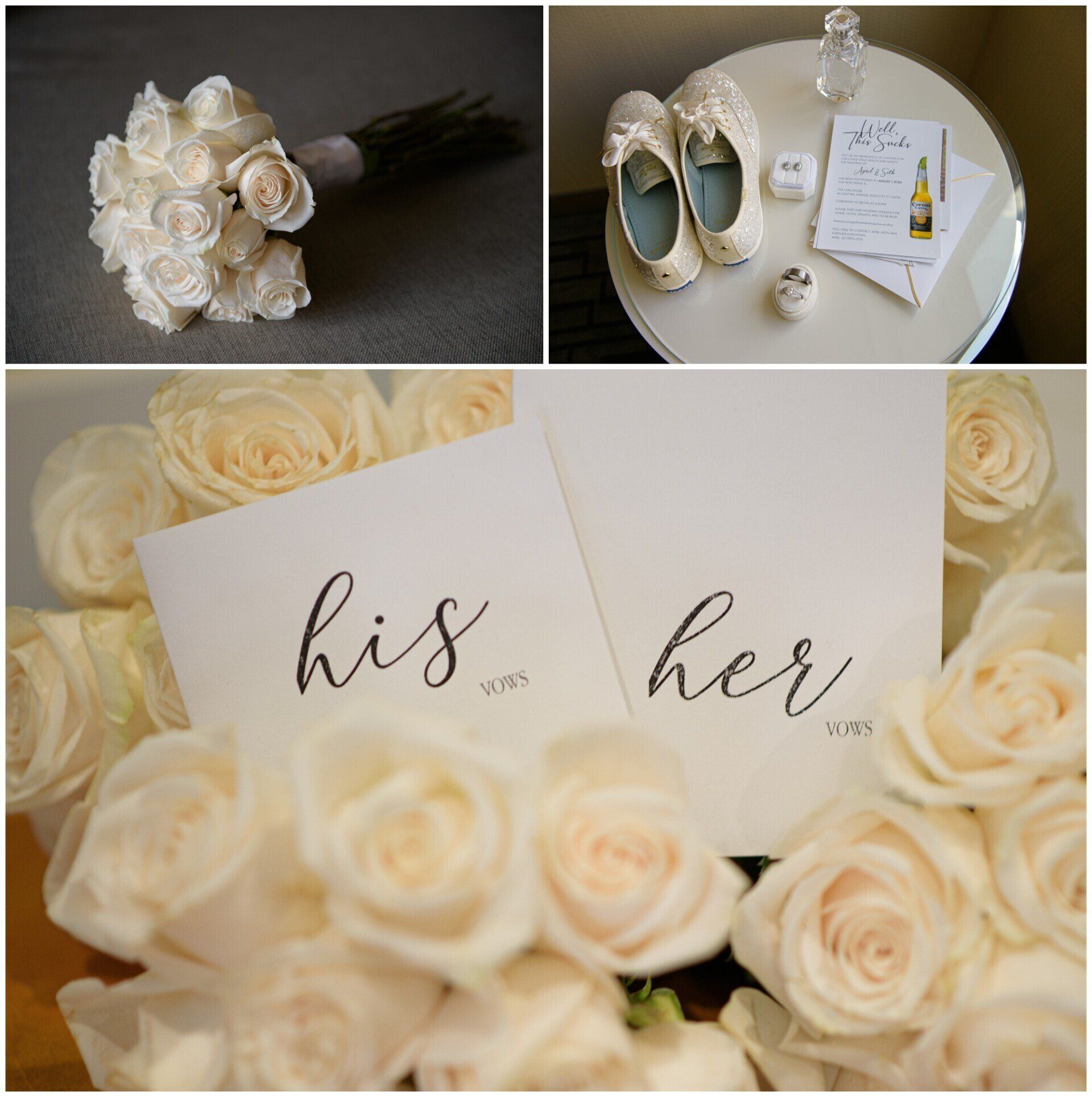 White rose wedding decor with his and hers cards and matching shoes on display