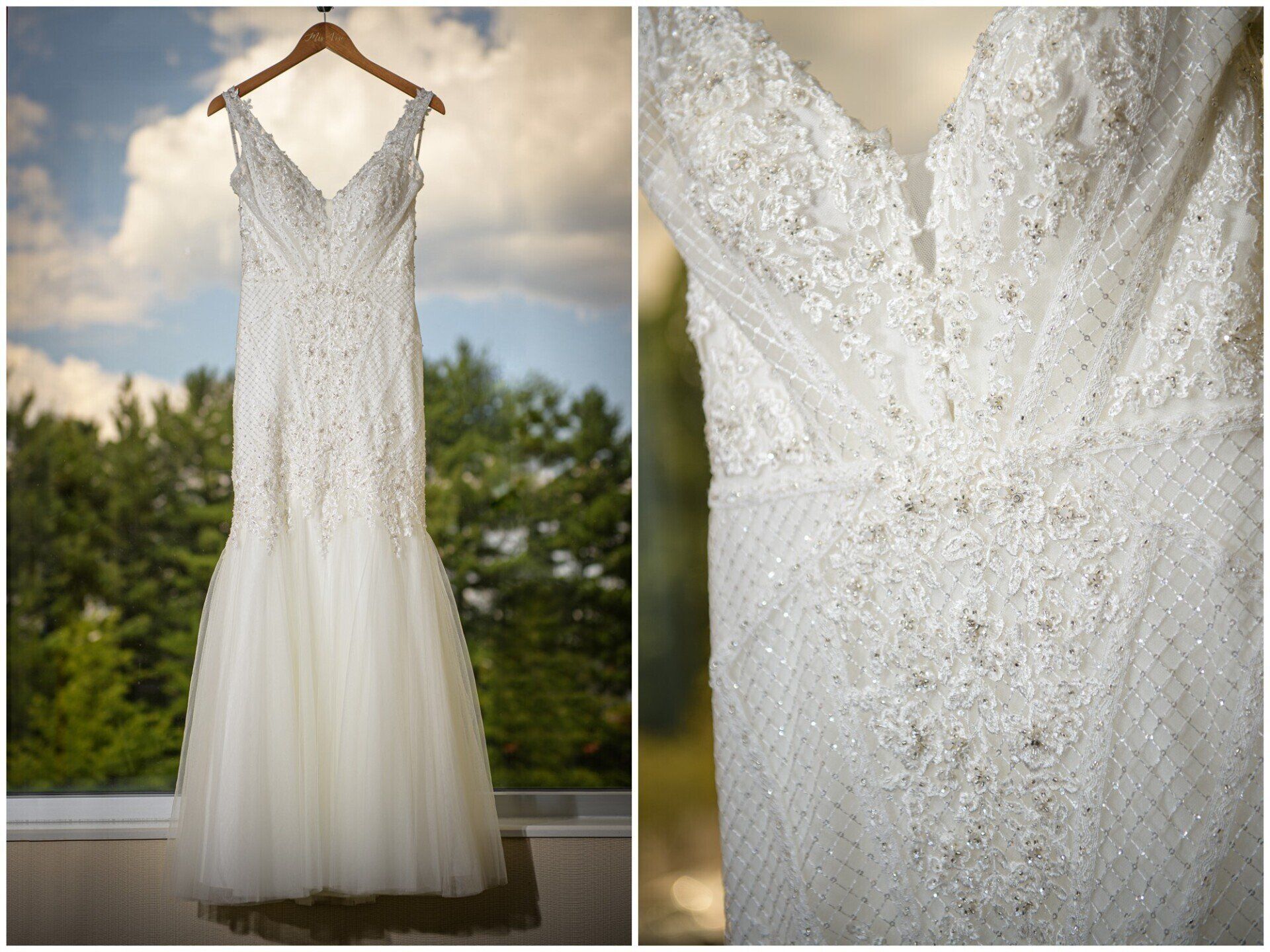 White lace sleeveless wedding dress hanging outdoors, with a close-up of the beaded bodice and tulle skirt