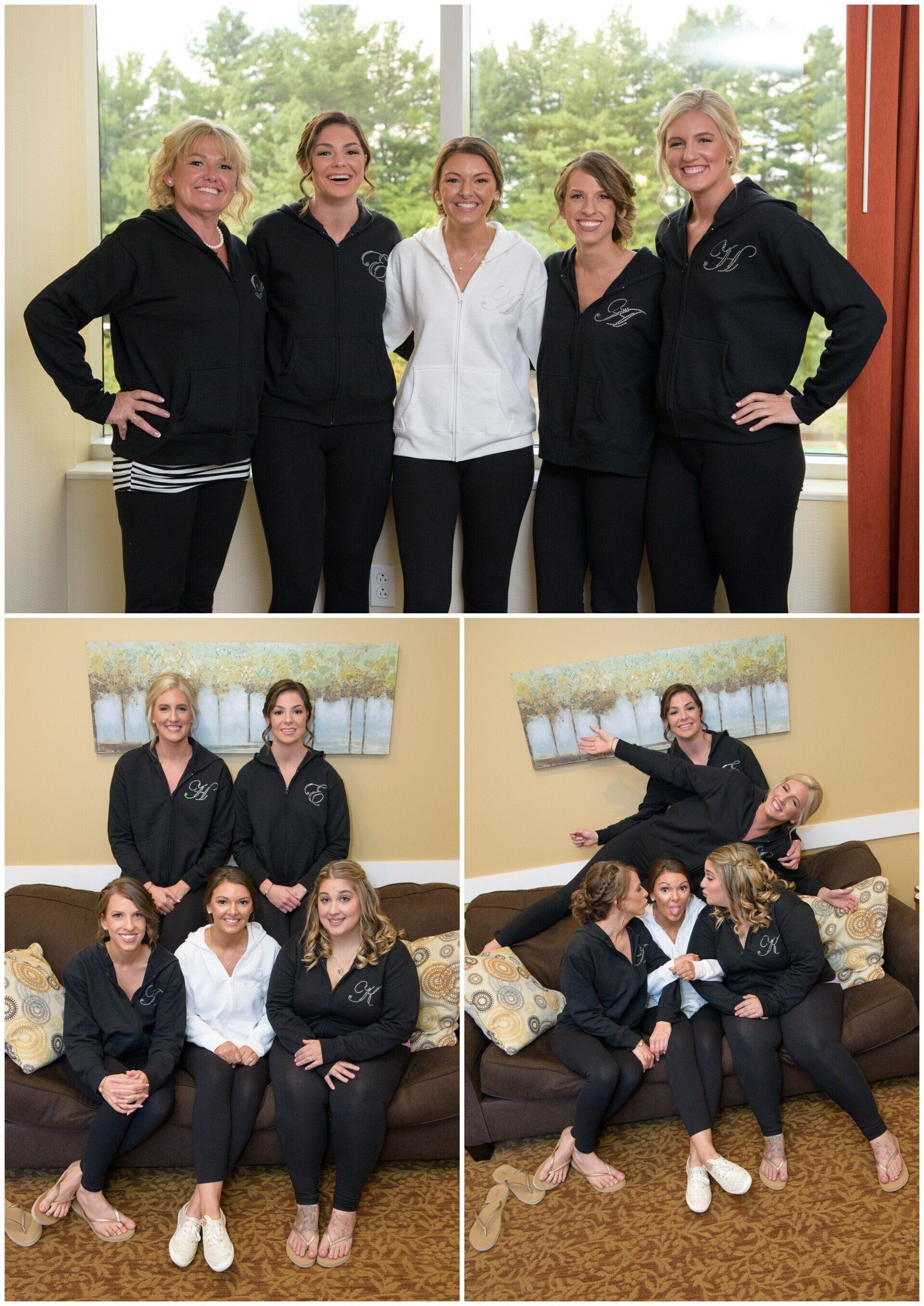 Group portrait collage of five people posing together indoors on a couch and standing in front of windows