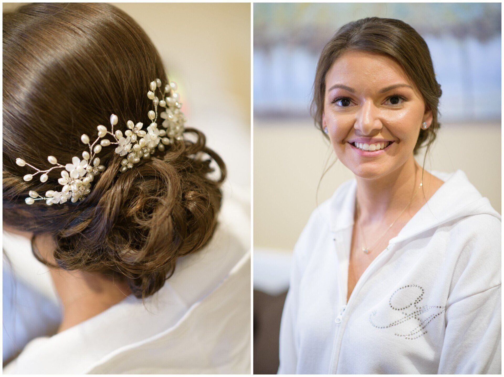 Bride with elegant updo and floral hairpiece, smiling in a white robe indoors