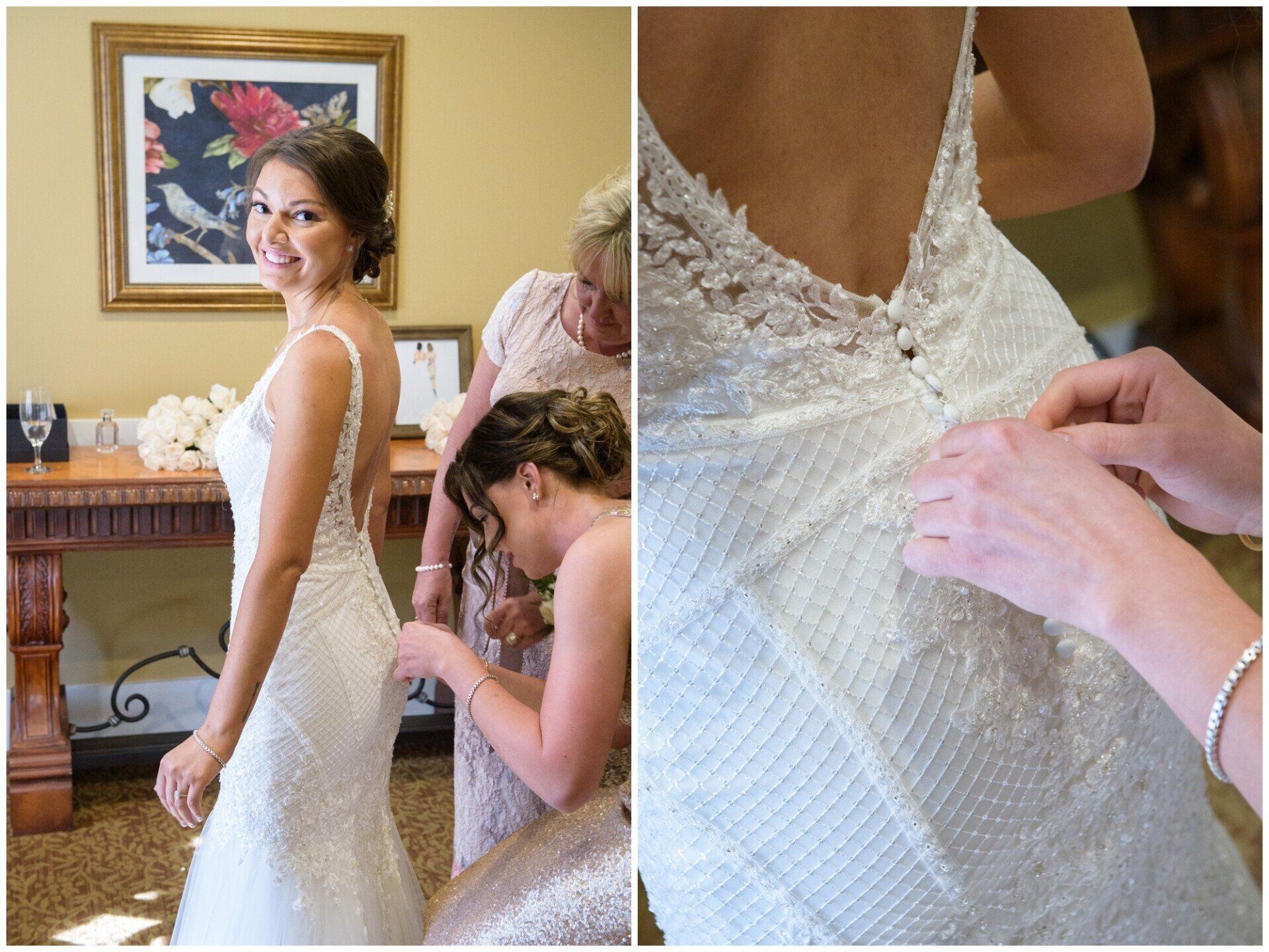 Bride in white gown being zipped up, with a close-up of lace detail and dressing assistance.