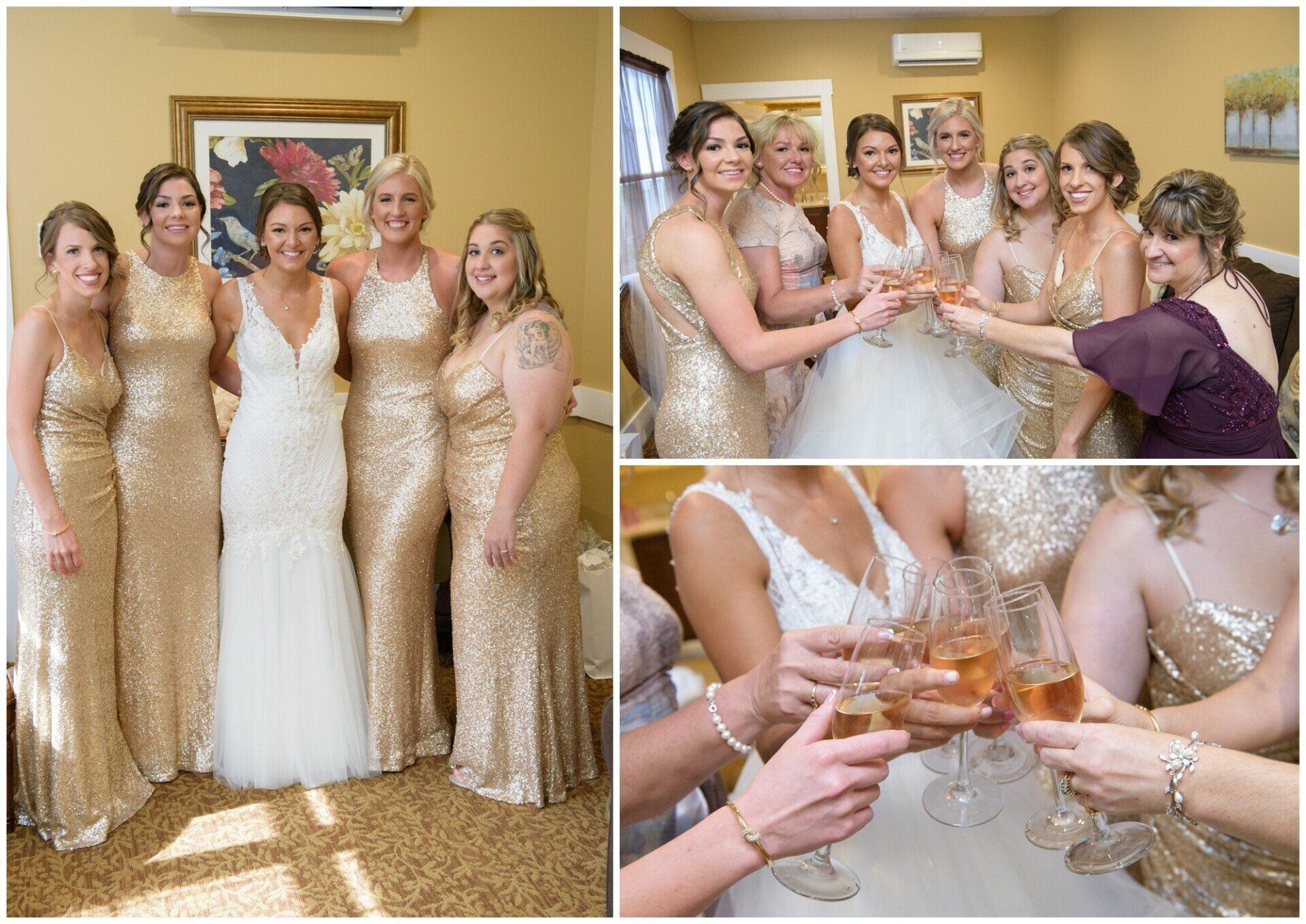 Bridal party in gold dresses and a white gown toasting with champagne indoors