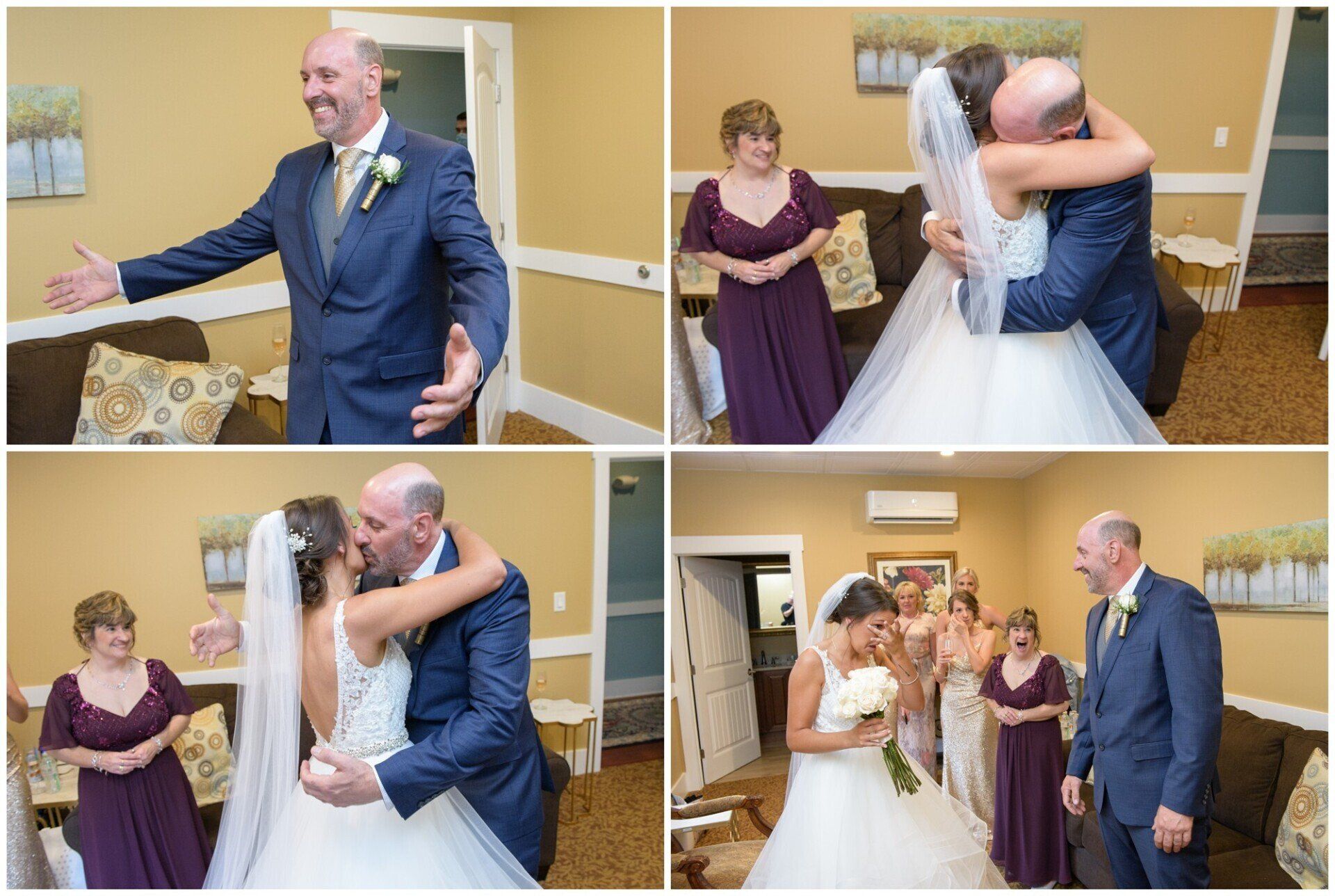 Wedding collage: bride and groom share hugs and smiles with guests in a warm indoor reception room