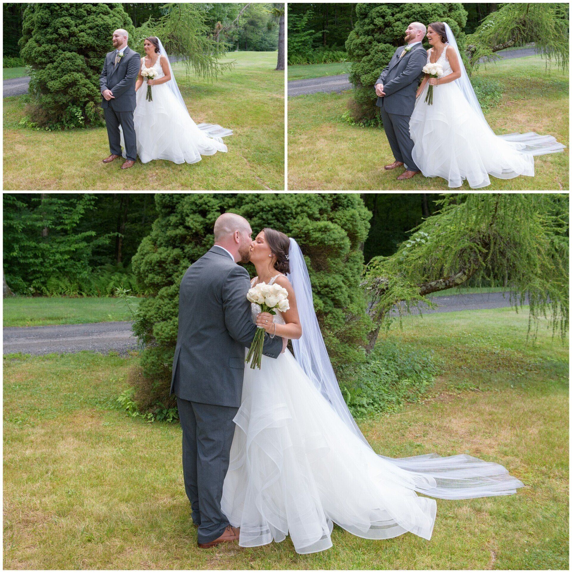 Bride and groom kissing in a garden, with a white wedding dress and gray suit.