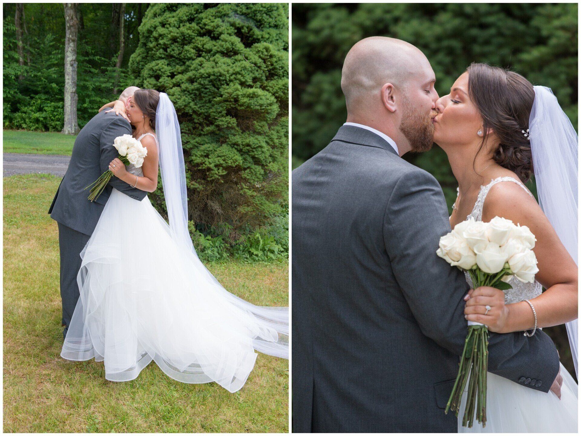 Wedding couple kissing outdoors; bride in white gown and veil holds bouquet, shown in two side-by-side photos