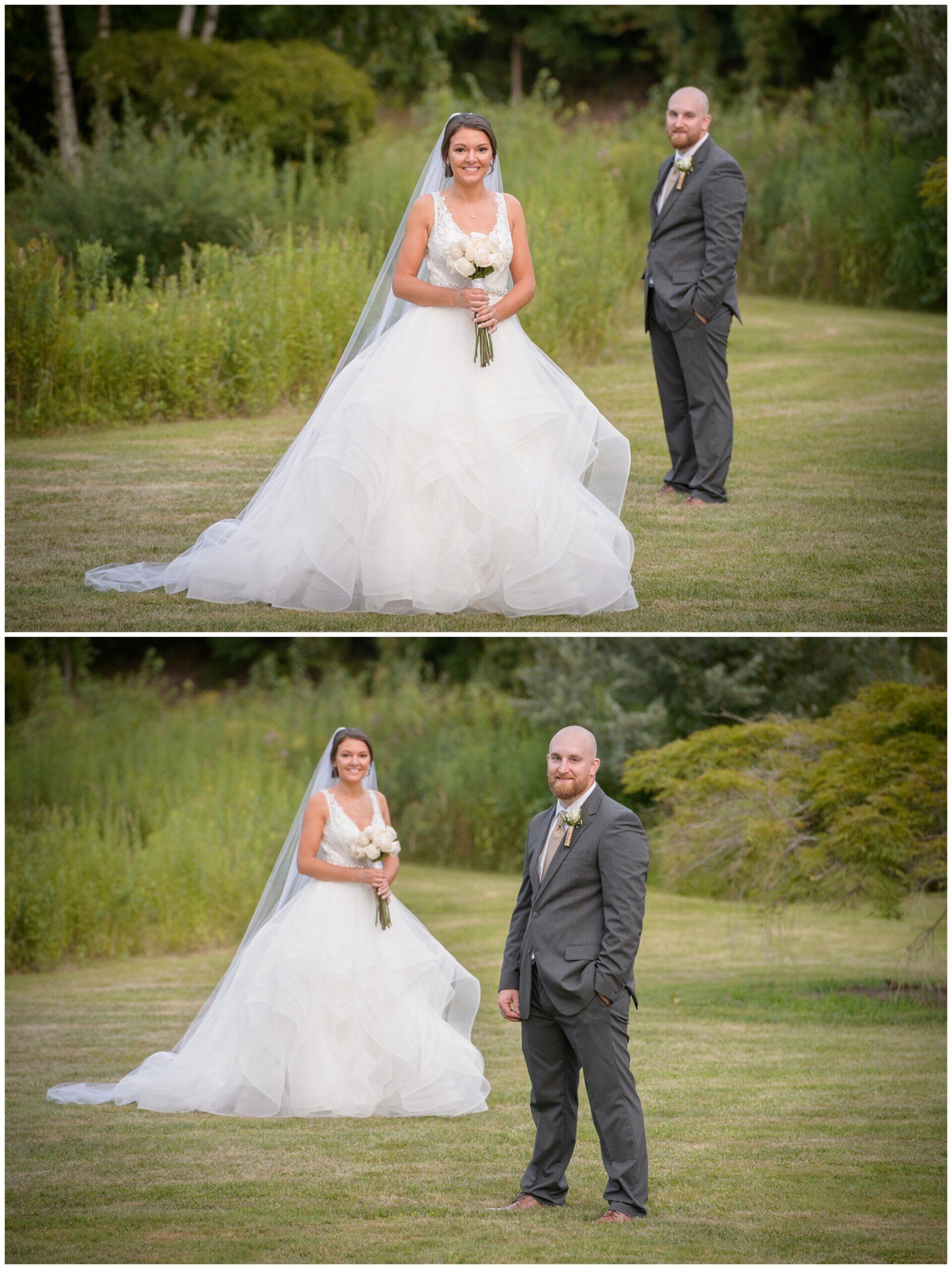 Bride and groom posing in wedding attire on a grassy field, with a close-up and wide shot.