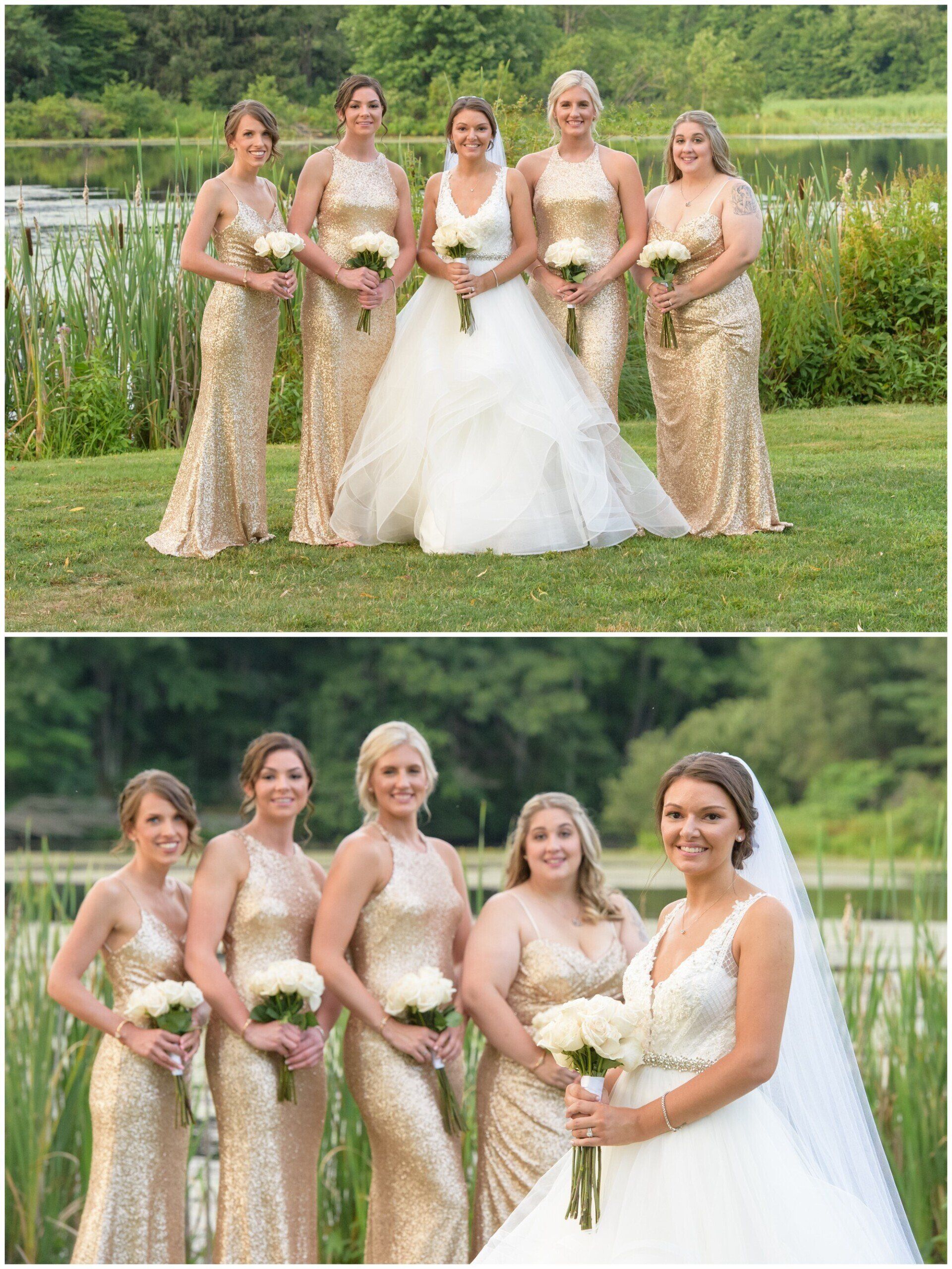 Bride with four bridesmaids in gold dresses posing outdoors by a lake