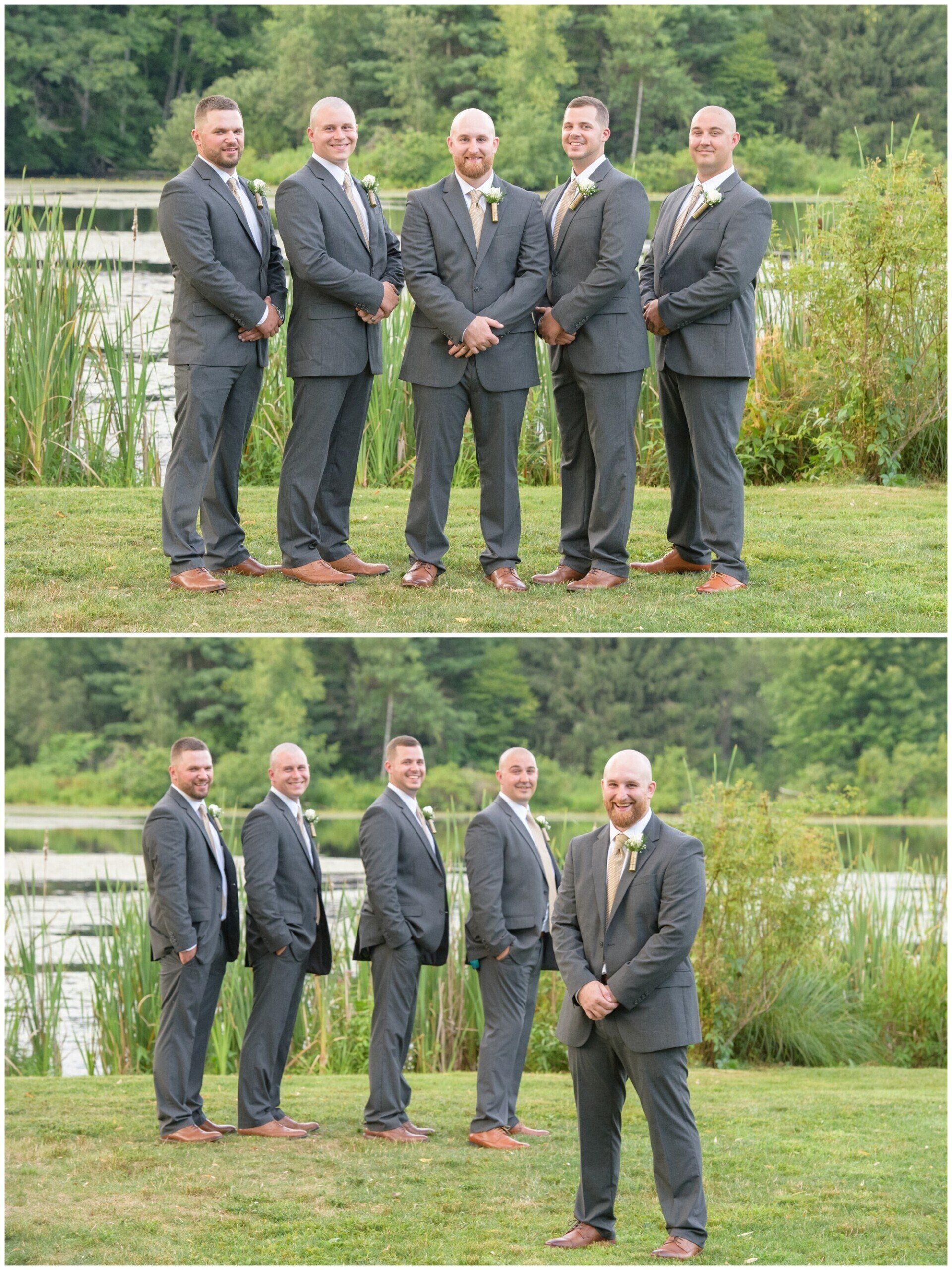 Five men in dark suits posing outdoors beside a pond and greenery, arranged in two group shots.