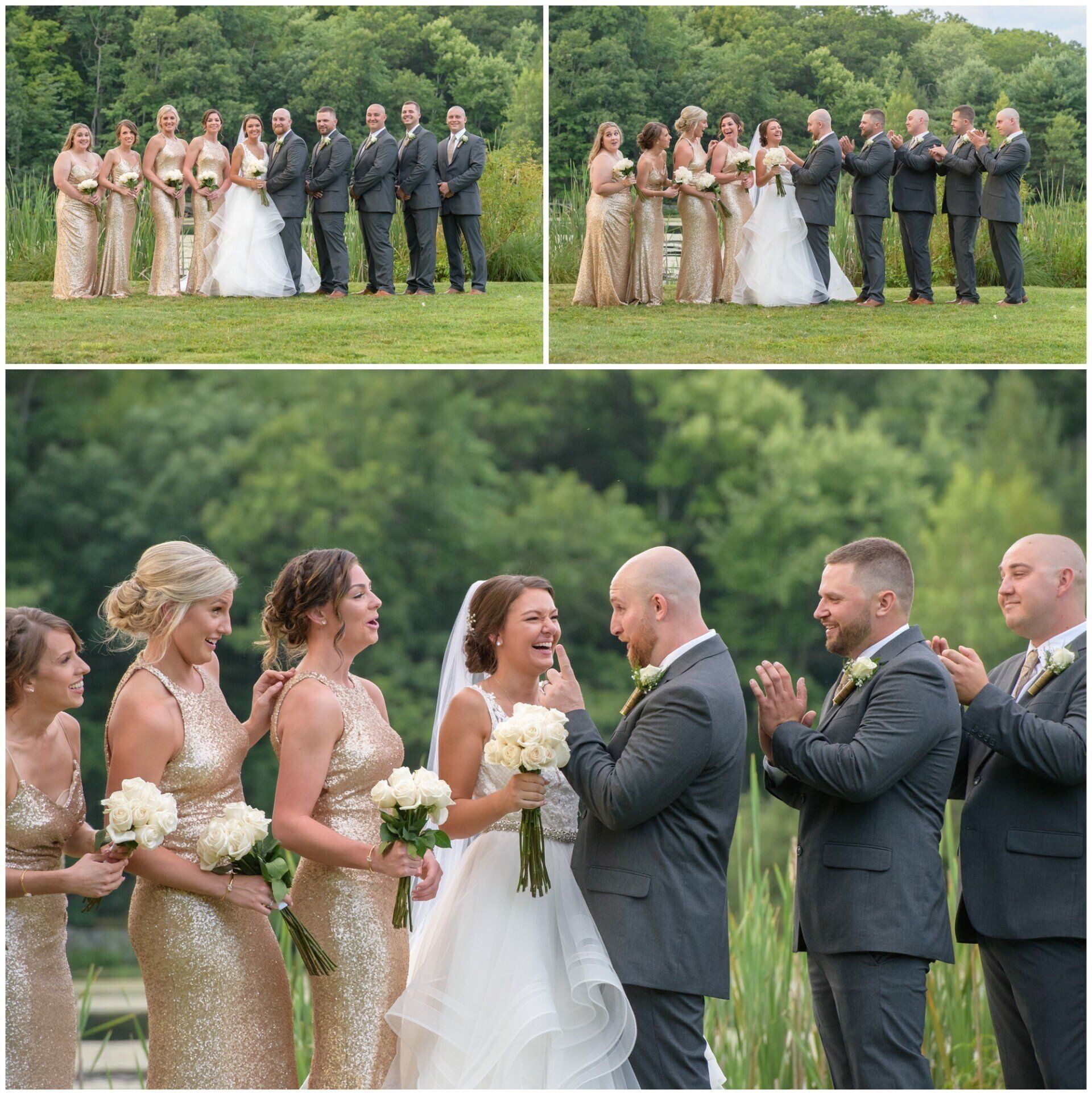 Wedding party in a grassy field; bride and groom exchange vows while attendants watch.