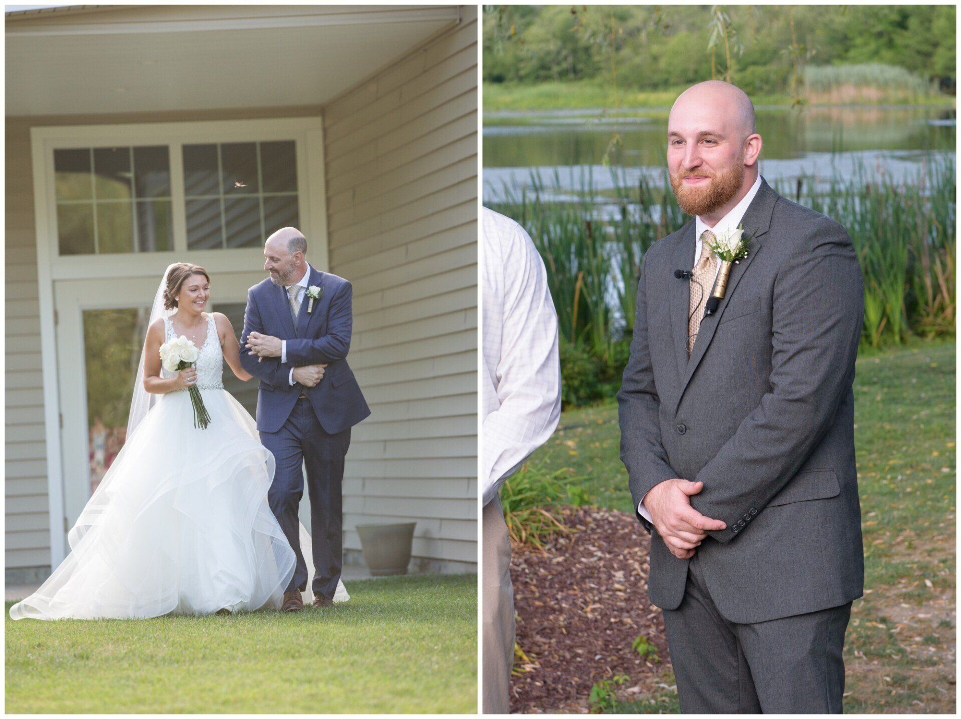 Wedding collage: bride and groom walking outside, and a groom in a gray suit posing by a pond