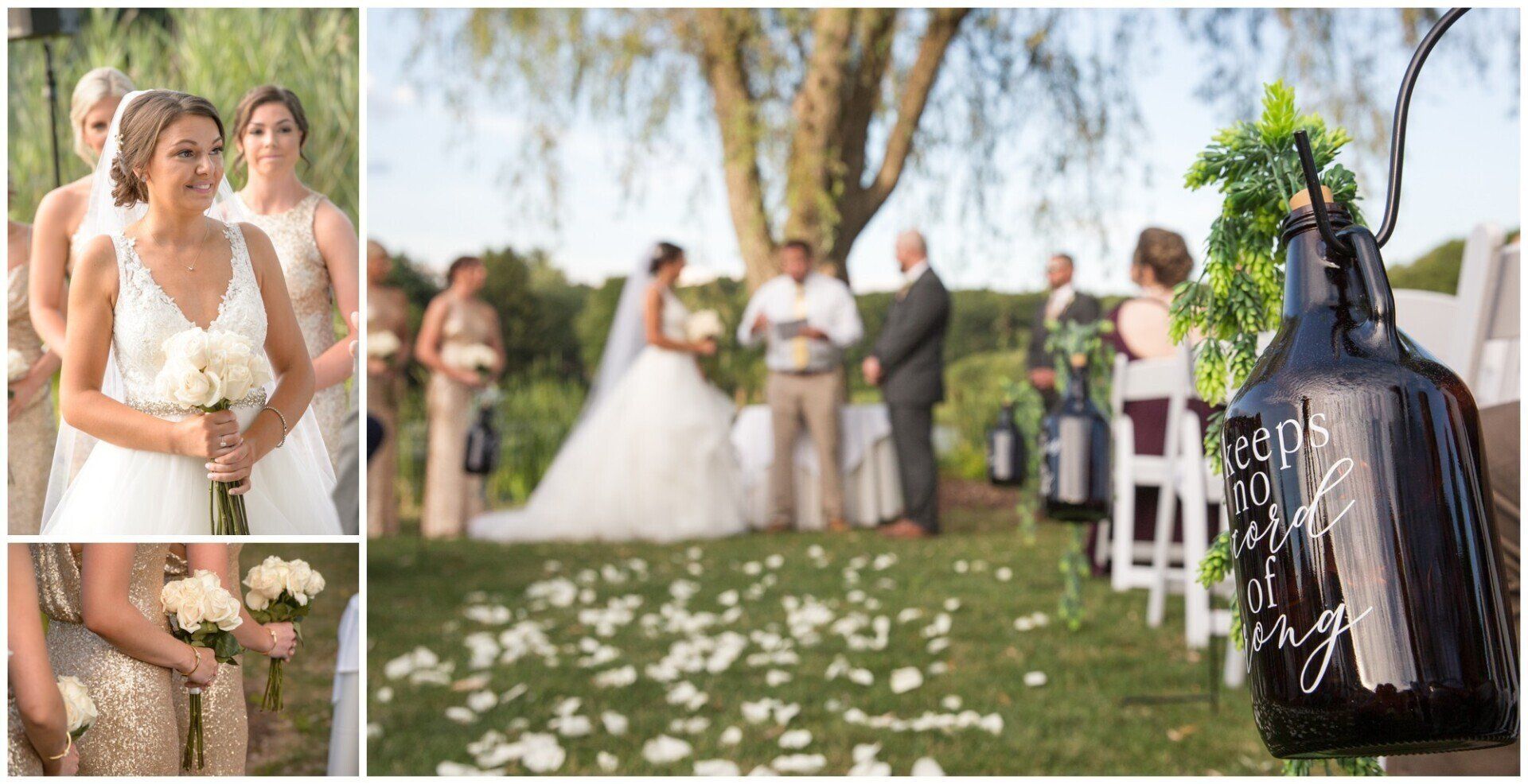 Wedding ceremony on a lawn, with bride and guests under trees and a black “guess what?” bottle in the foreground