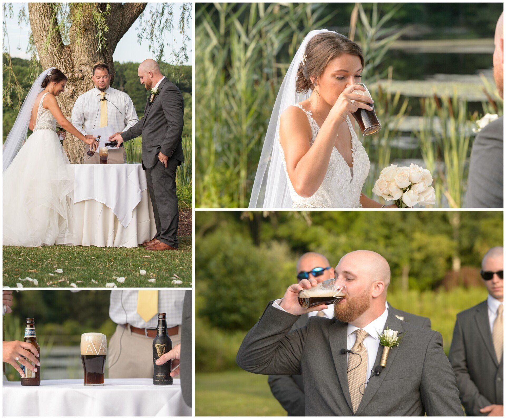 Wedding collage: outdoor ceremony, bride in veil, groom drinking, and drinks at the reception table