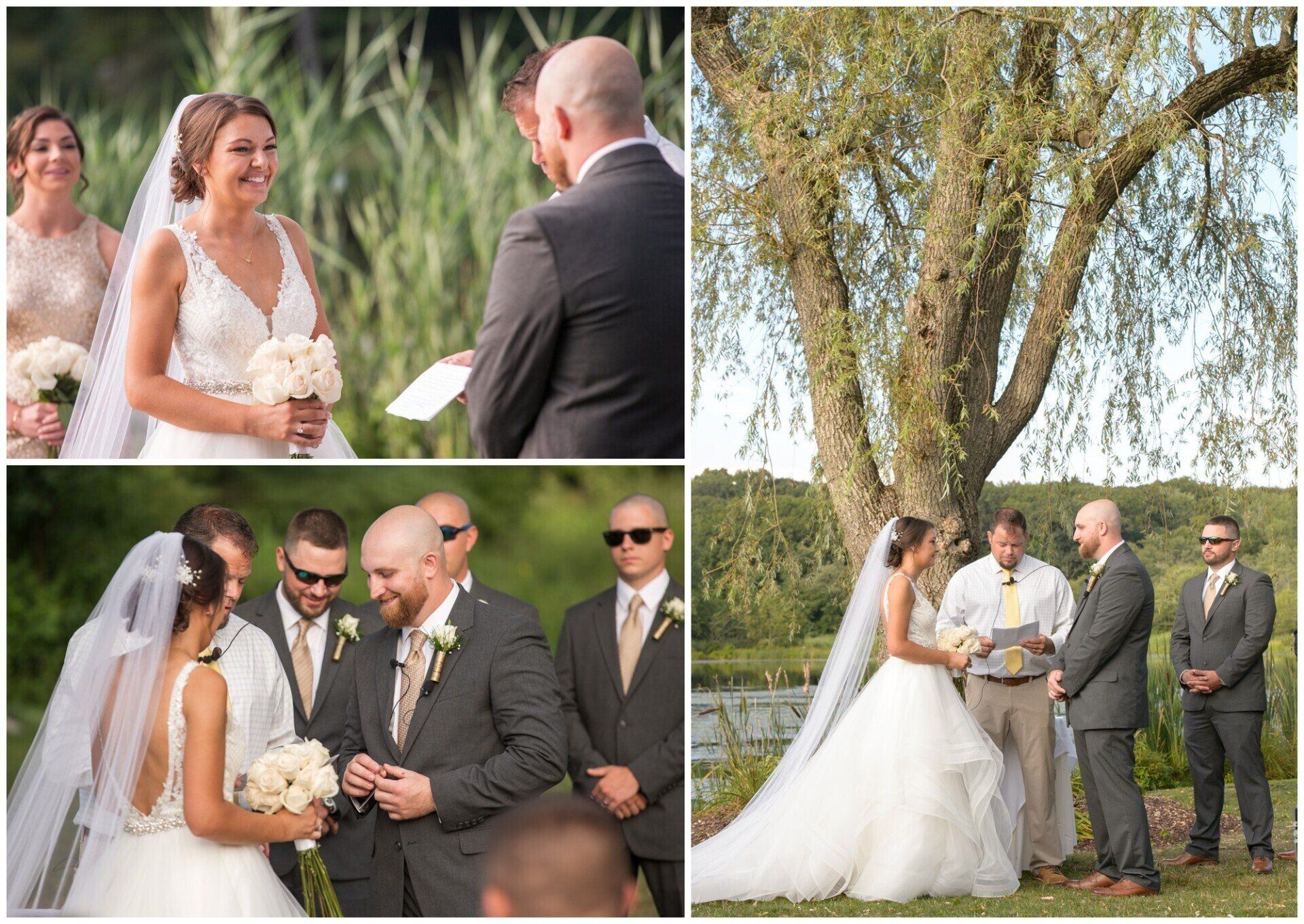Bride and groom exchange vows outdoors under a tree during a wedding ceremony.
