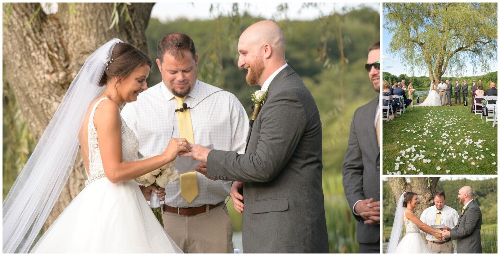 Bride and groom exchange rings outdoors during a garden wedding ceremony, with guests nearby.