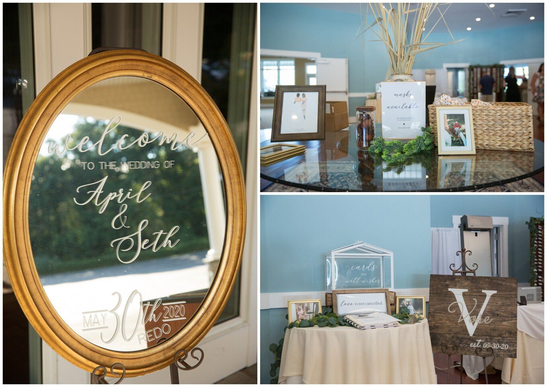 Elegant wedding reception signage in gold and white at a decorated venue entrance and tables