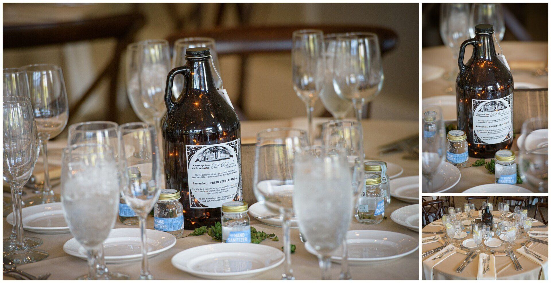 Dinner table set with glassware, plates, and a brown bottle centerpiece