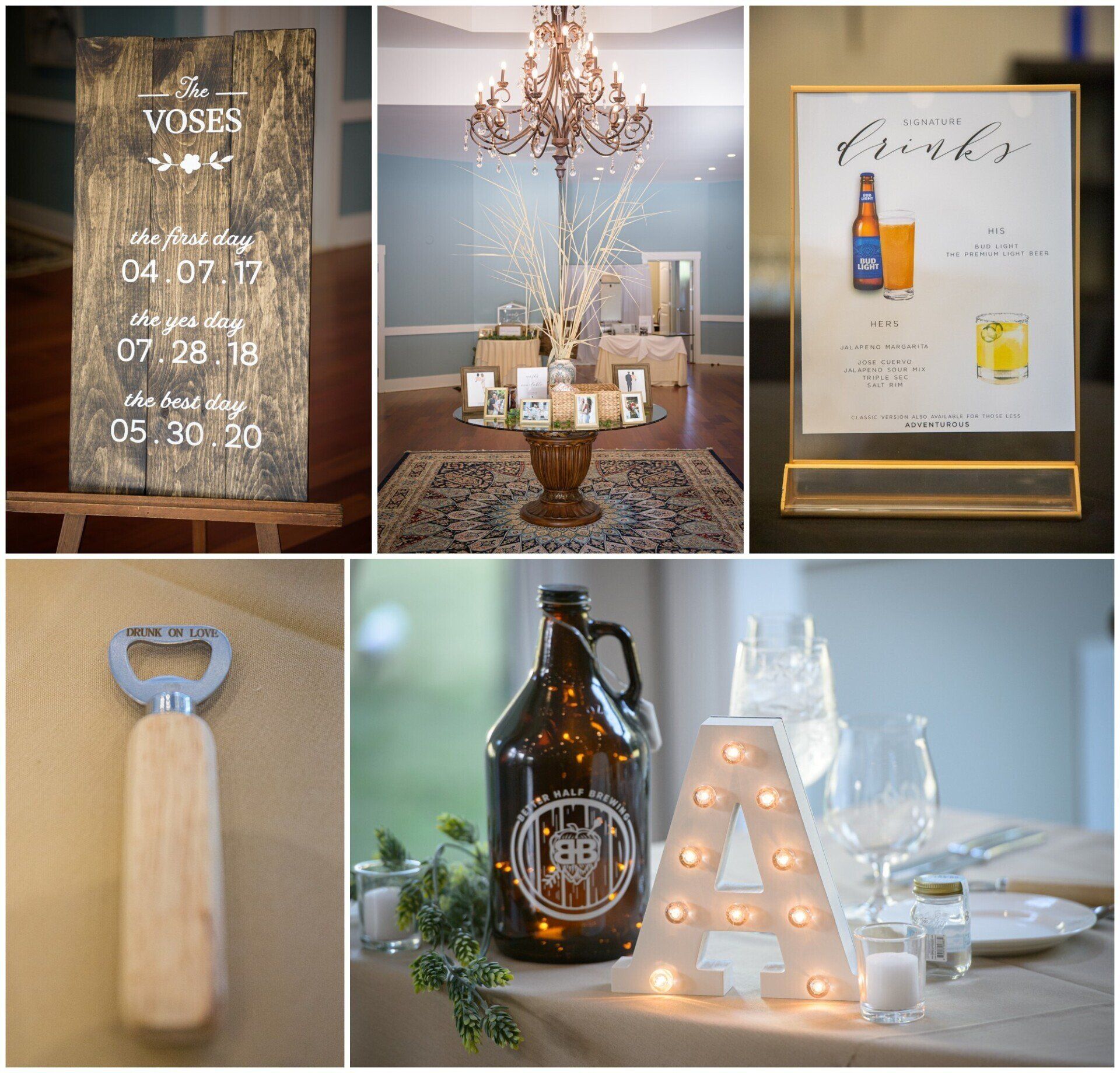 Wedding decor collage with table signs, centerpiece, bottle opener, and lit marquee initials