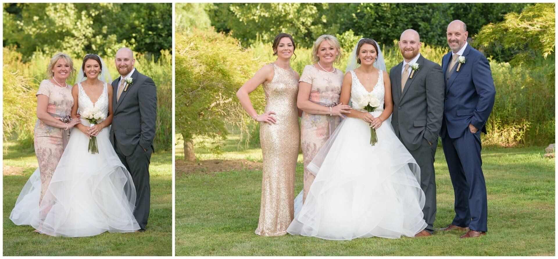 Two wedding group portraits of the bride and groom with two guests outdoors on a lawn.
