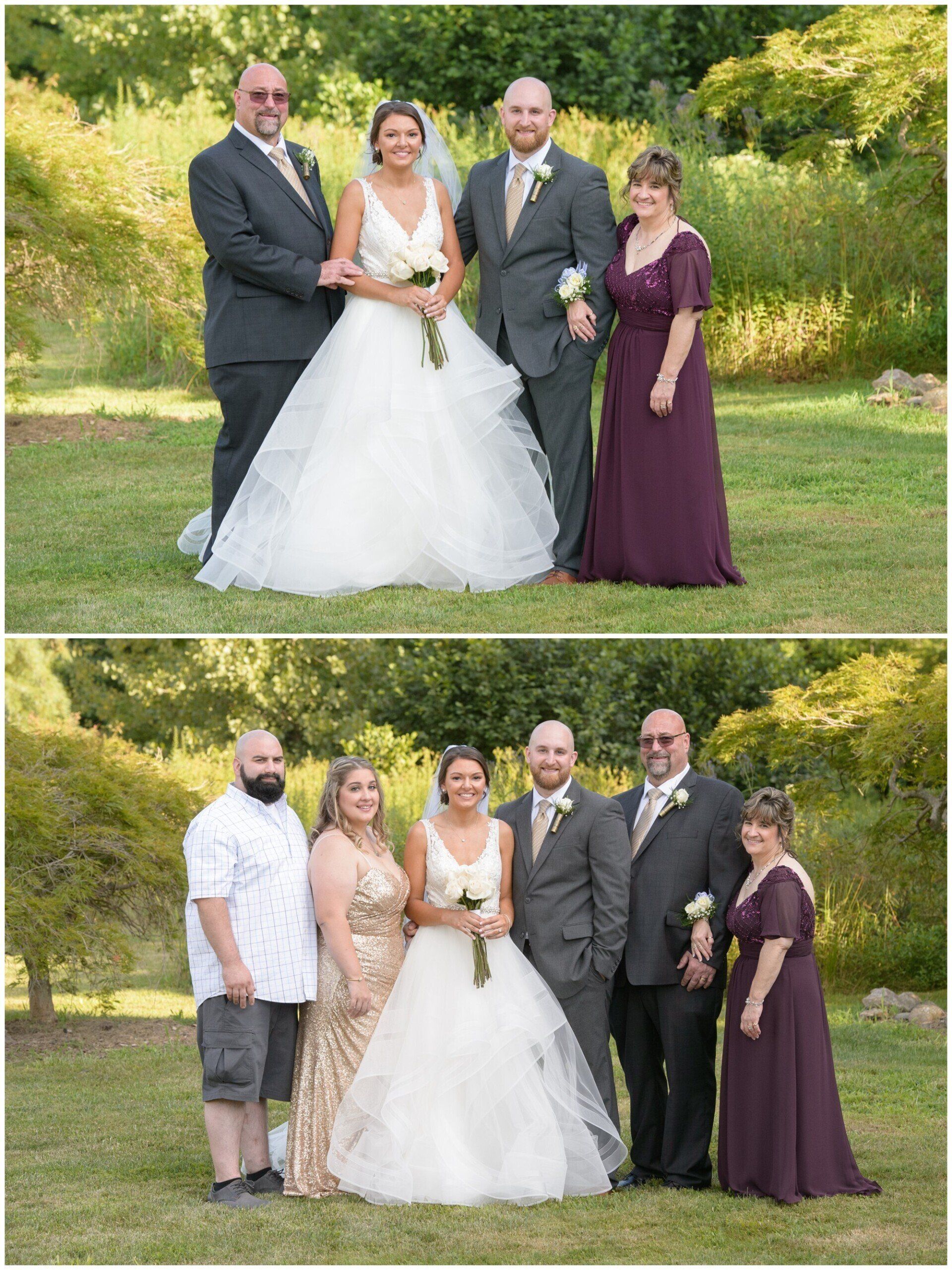 Wedding party poses outdoors in two group photos on a grassy lawn.