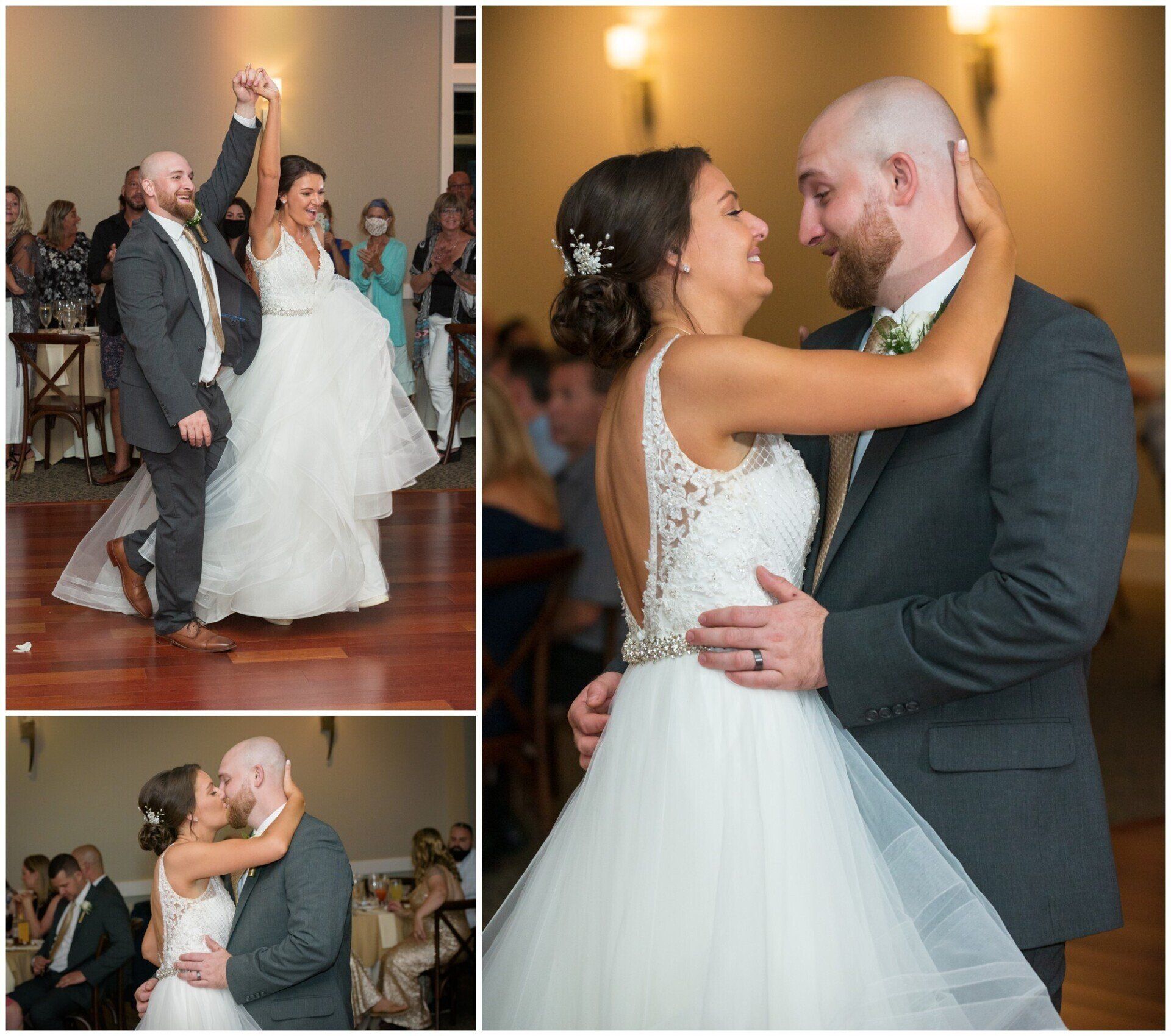 Wedding collage of a bride and groom dancing and embracing, with the bride in a white gown.