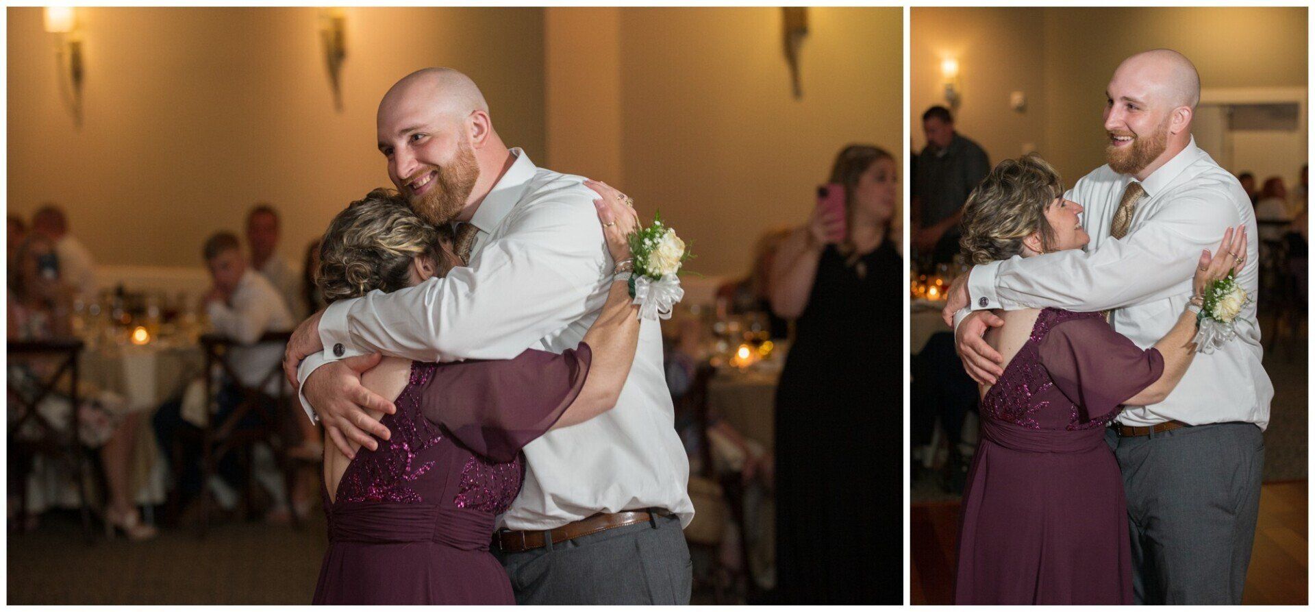Two people embracing at a warmly lit indoor event, framed in a split-screen collage.