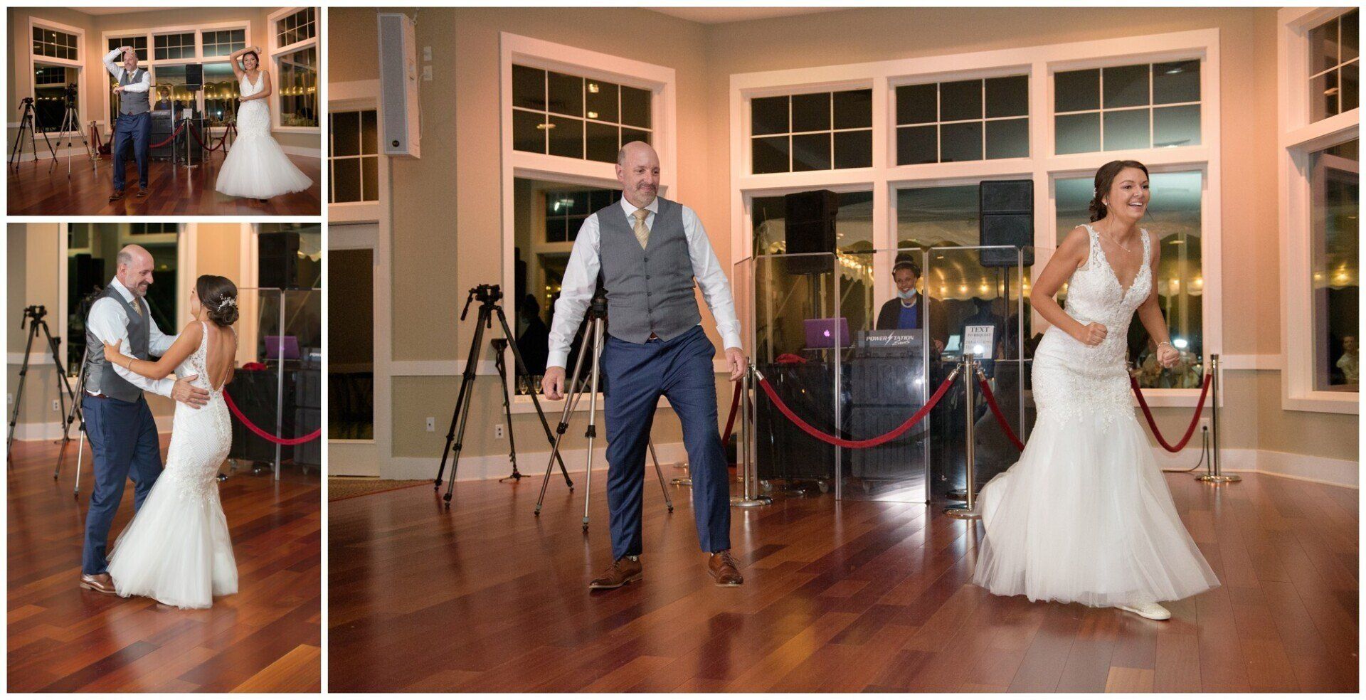 Bride and groom dancing at a formal reception in a warmly lit hall