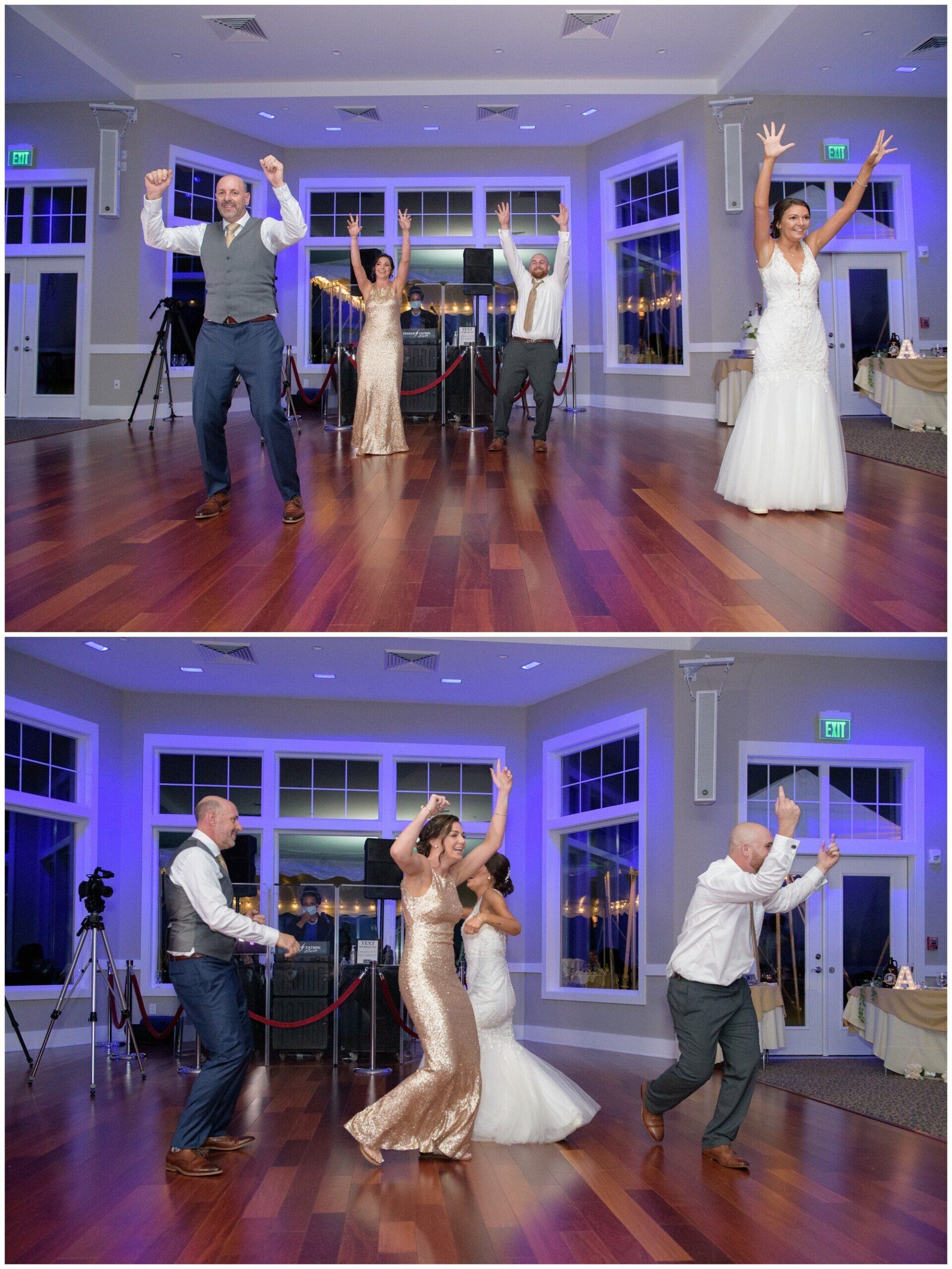 Guests dancing at a wedding reception in a blue-lit ballroom with hardwood floors