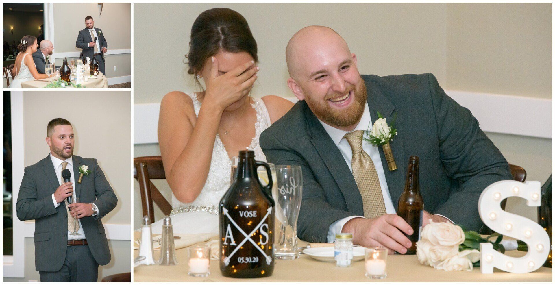 Wedding reception collage: bride laughs while groom smiles at table, with groom giving a speech.