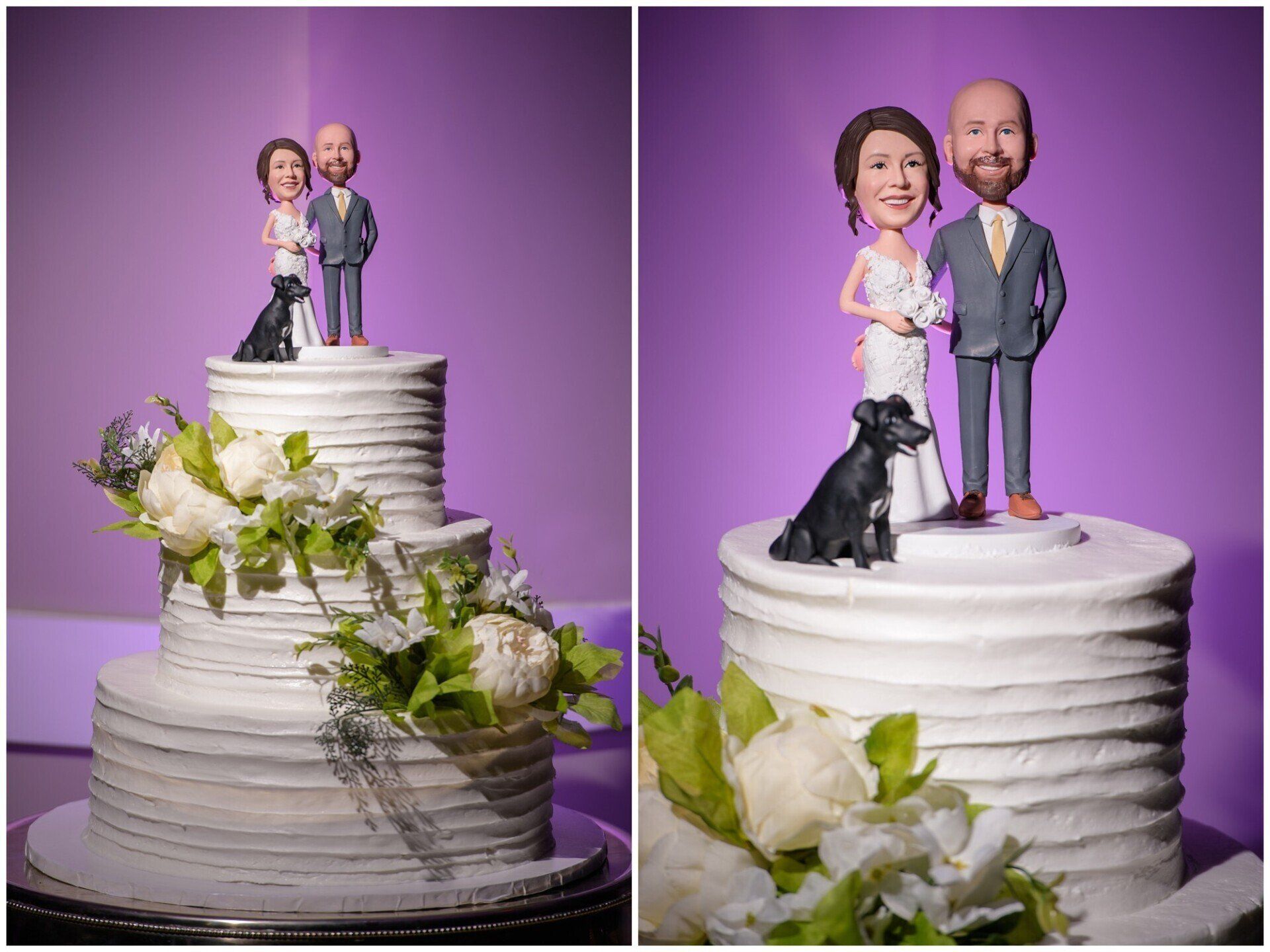 Wedding cake topper figurines on a white tiered cake with green-white flowers against a purple background