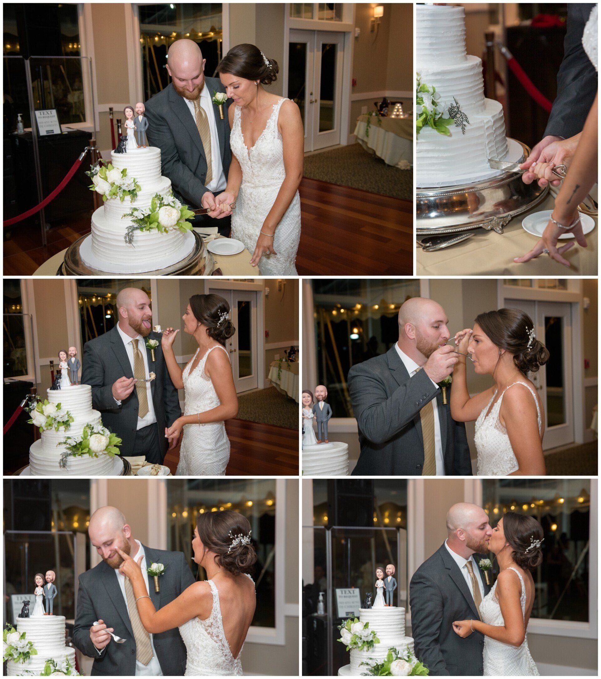 Bride and groom exchange wedding vows and kiss beside a tiered cake in a reception collage