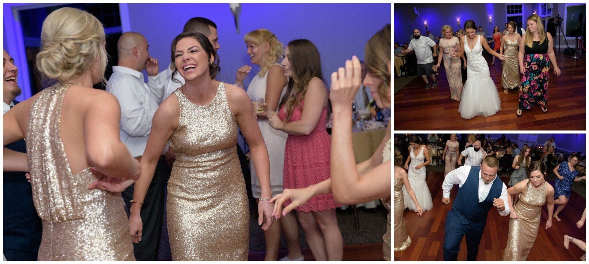 Guests dancing at a formal party; women in sparkling dresses on a purple-lit dance floor.