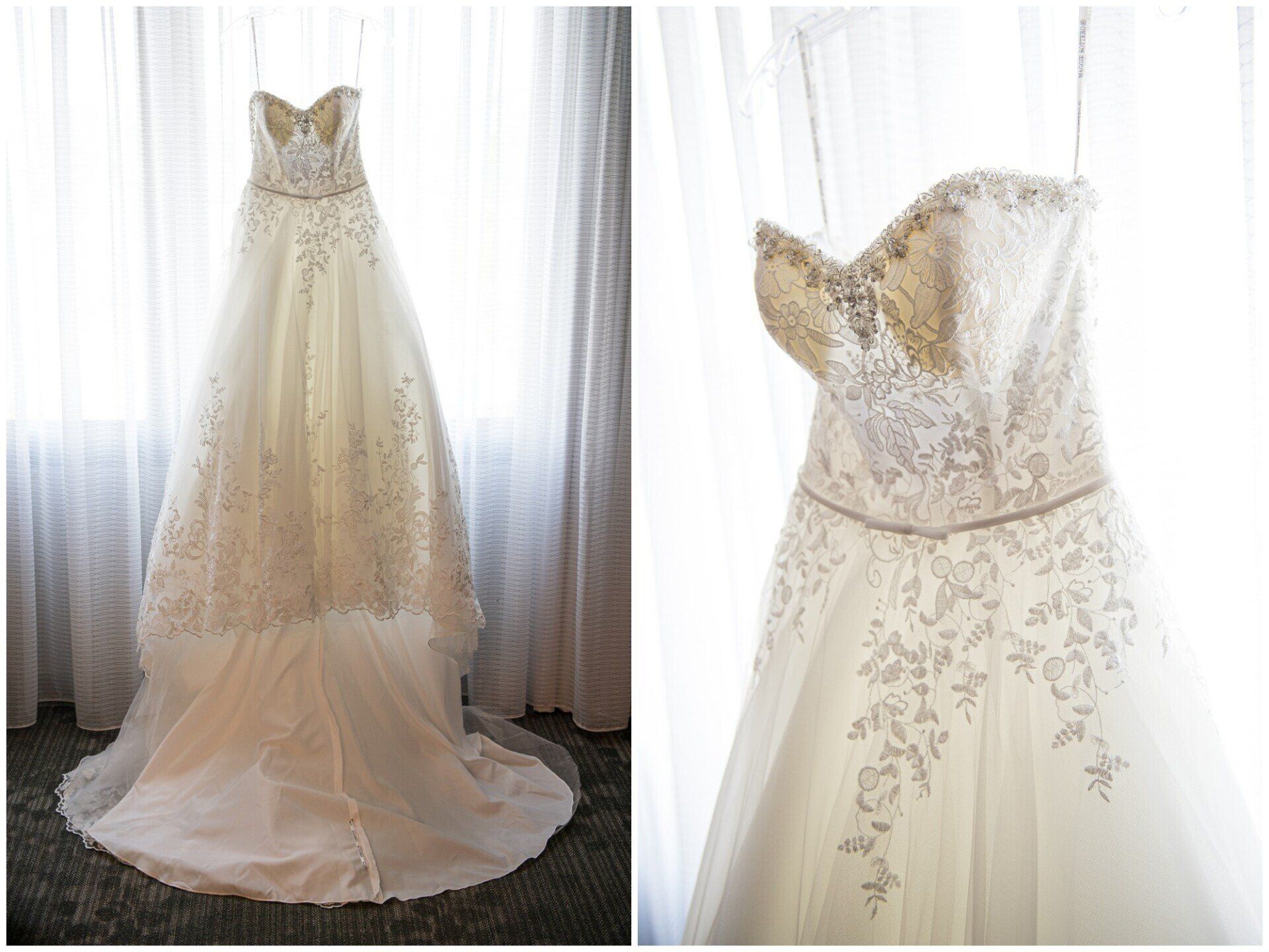 Ivory strapless wedding gown with lace detailing, shown full-length and in close-up against sheer curtains.