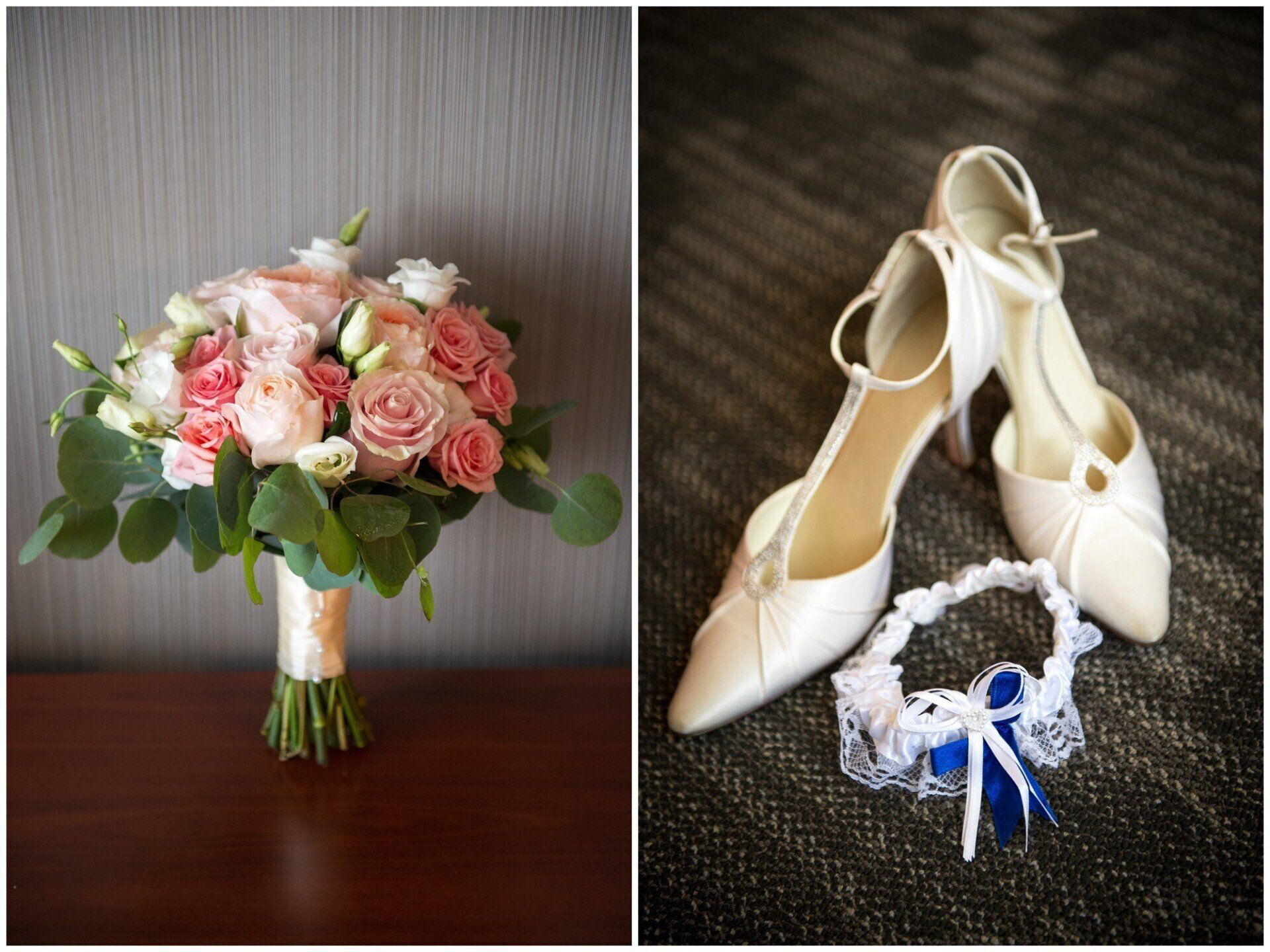 Bridal bouquet of pink roses beside white wedding shoes and a garter on a dark surface