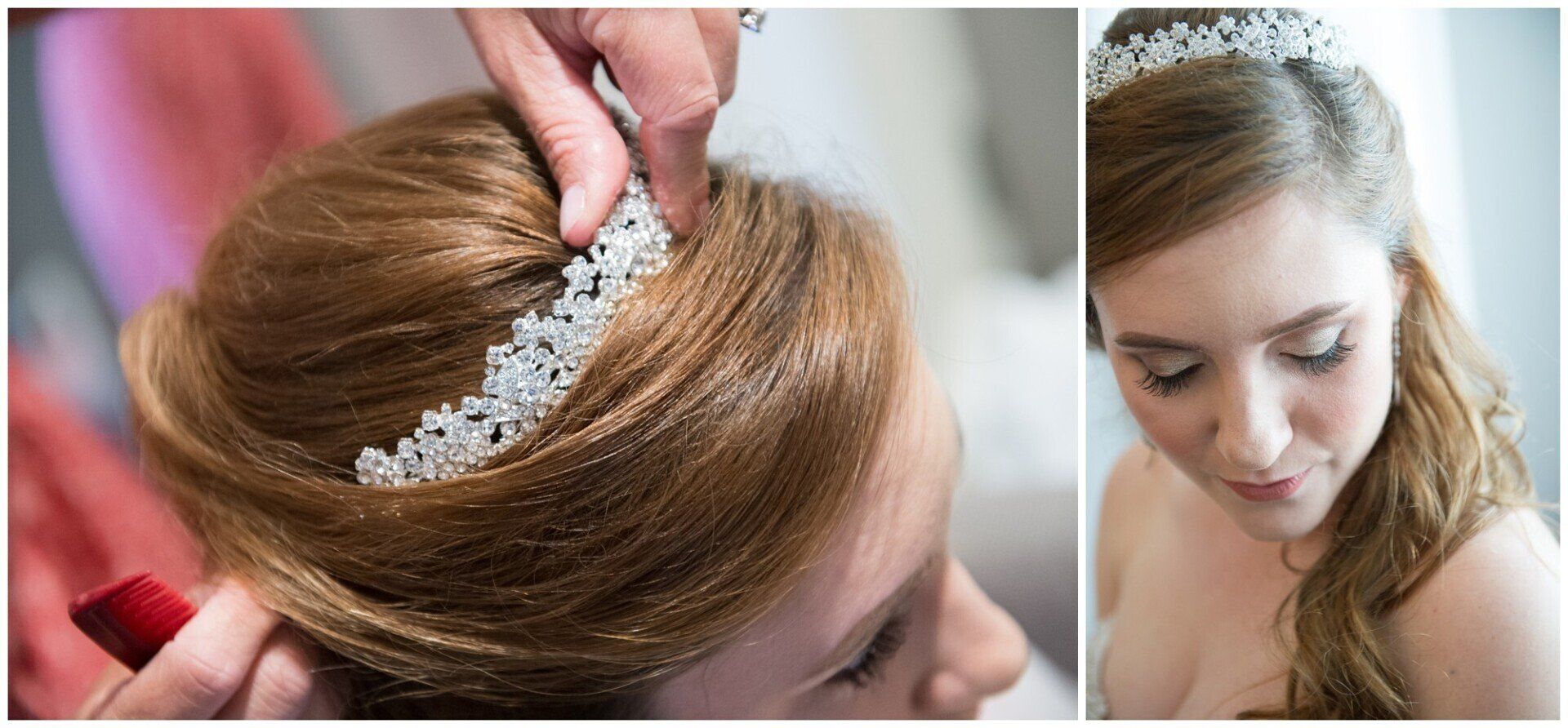 Stylist placing a jeweled hair accessory into a woman’s updo, with a close-up of the finished hairstyle