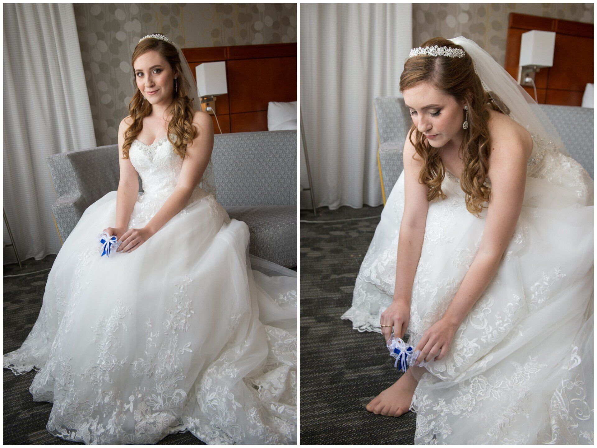 Bride in white gown sitting, then bending to adjust shoes in a hotel room