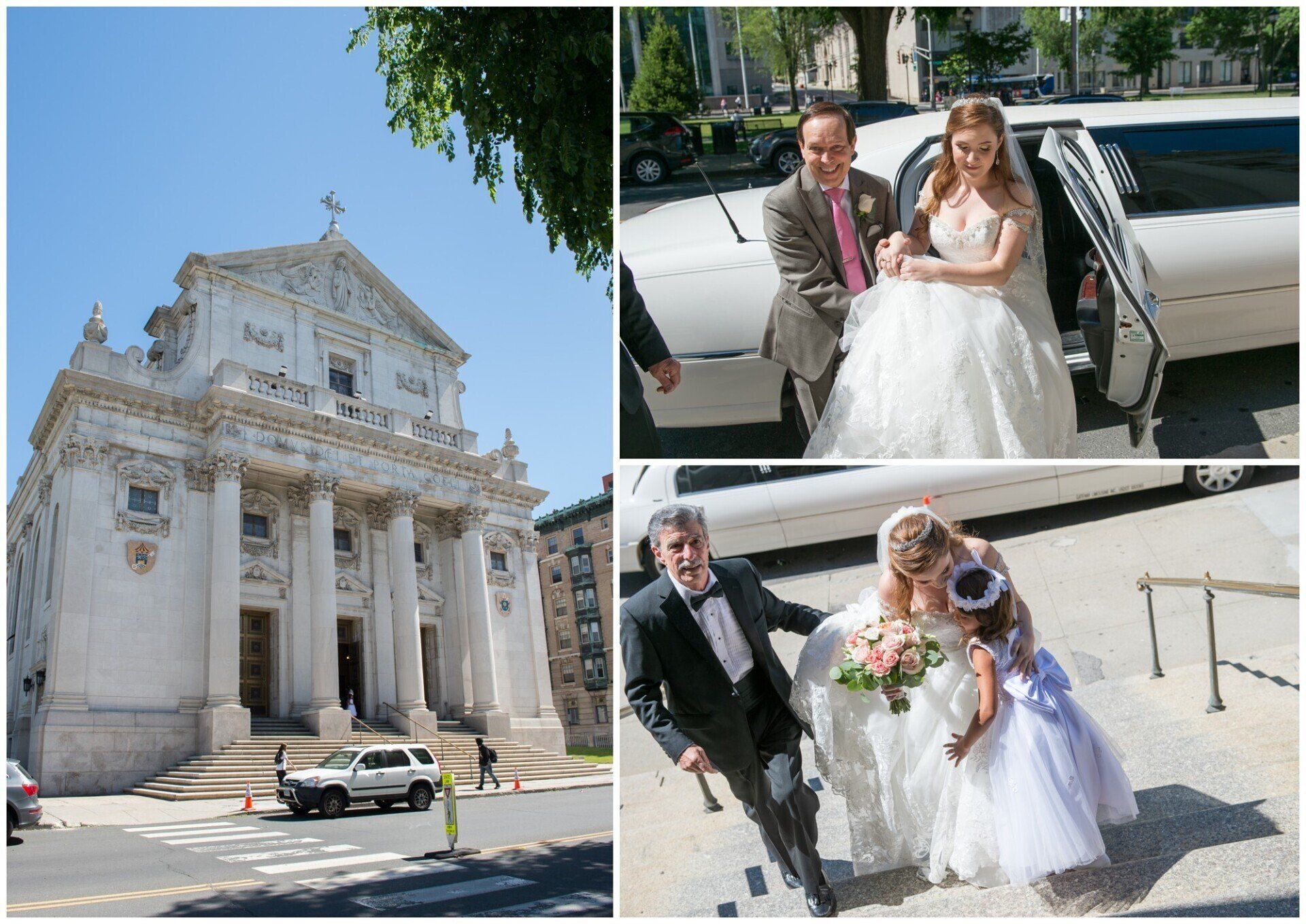 Wedding couple posing outside a white cathedral, with close-up shots of the bride, groom, and wedding party