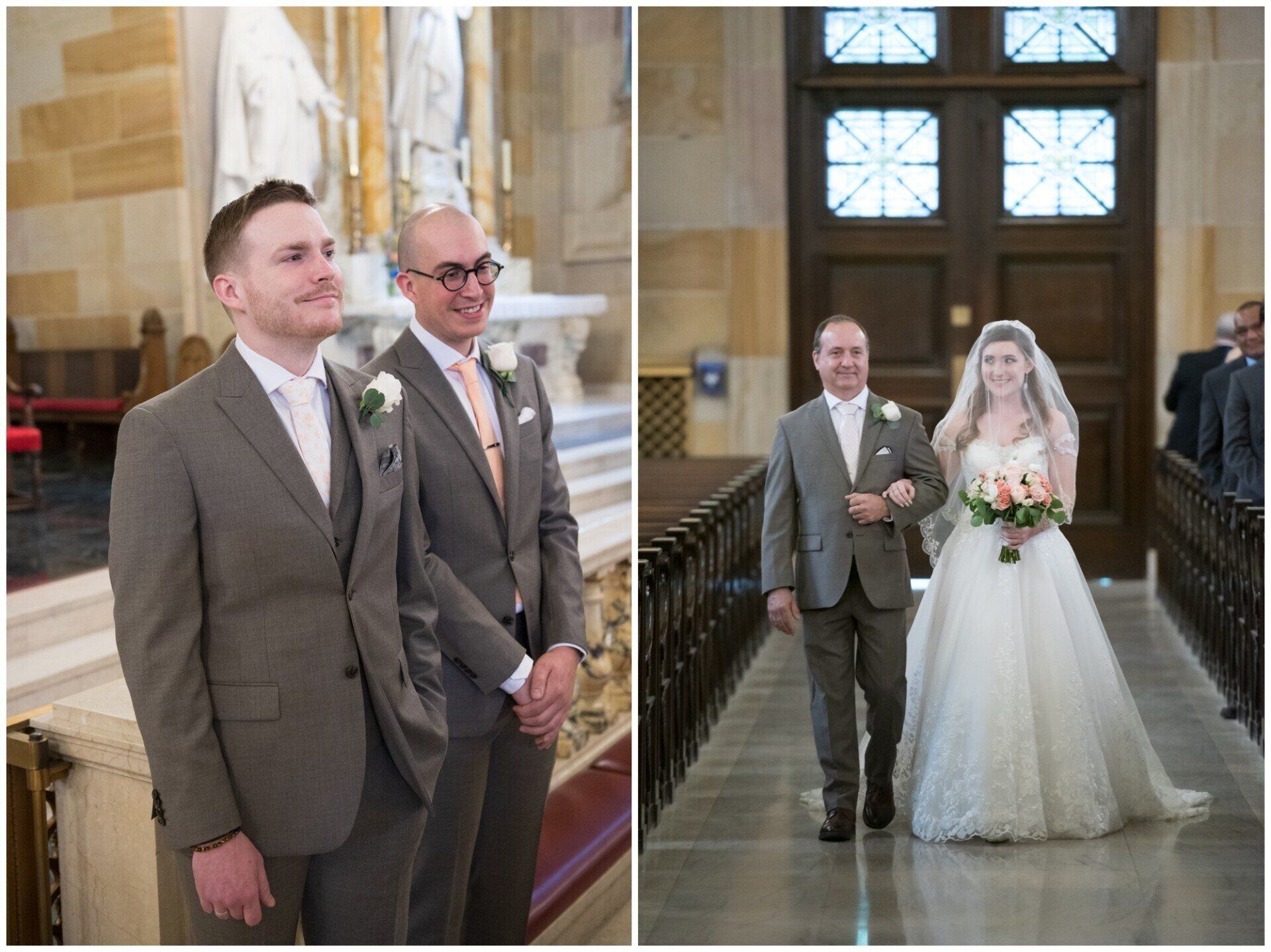 Groom and bride walking down the aisle in a church, with a groomsman standing nearby