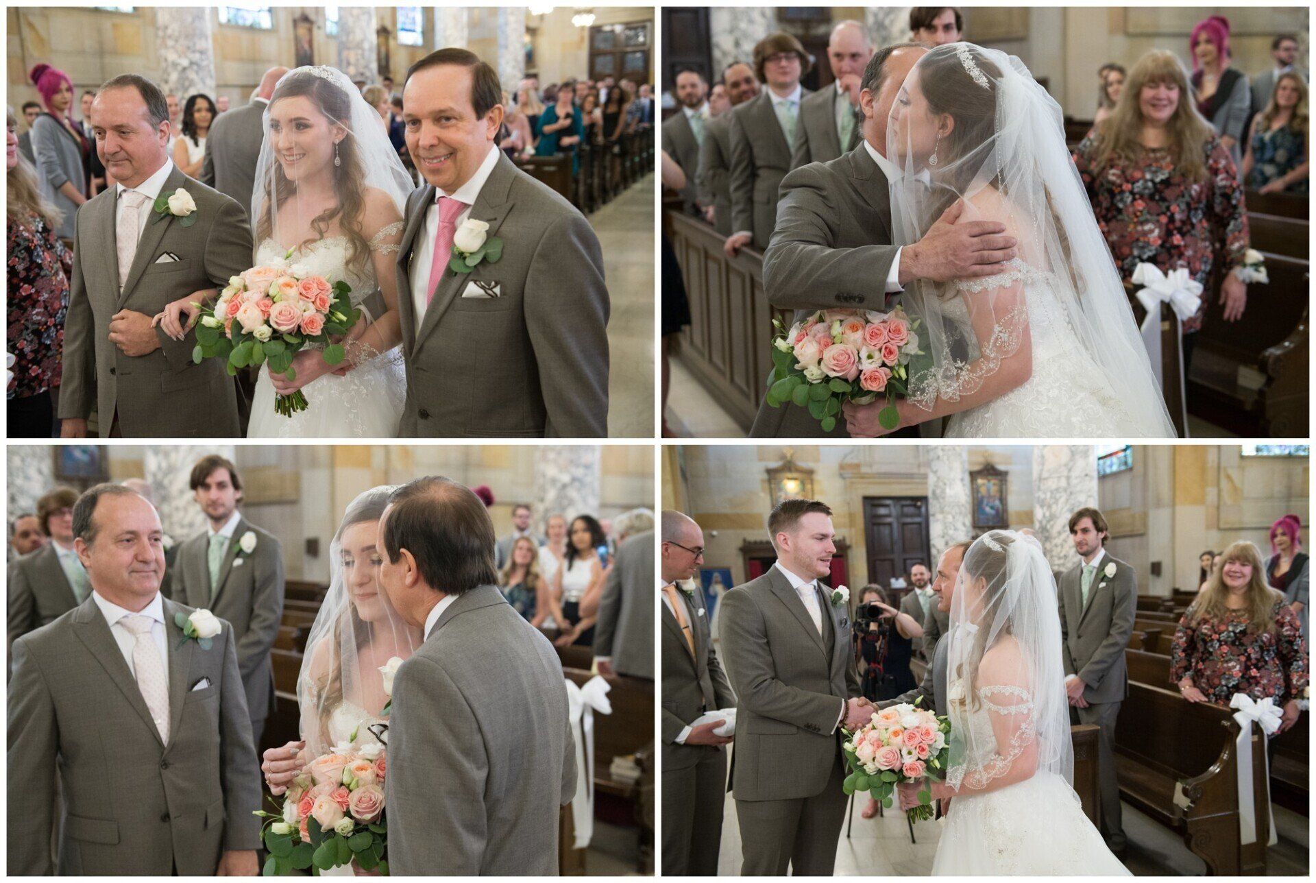 Wedding ceremony collage showing bride, groom, and guests in a church, with vows and bouquet exchange