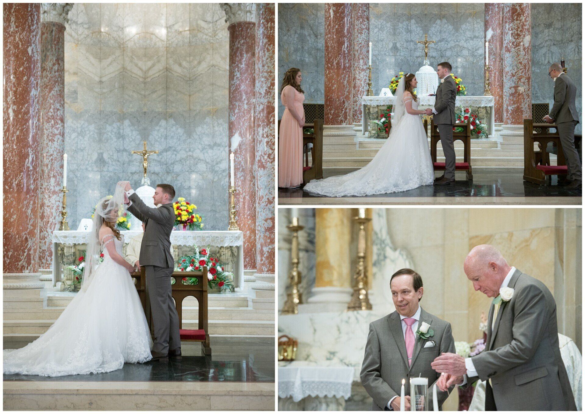 Wedding ceremony collage with bride and groom kissing and signing papers at an altar