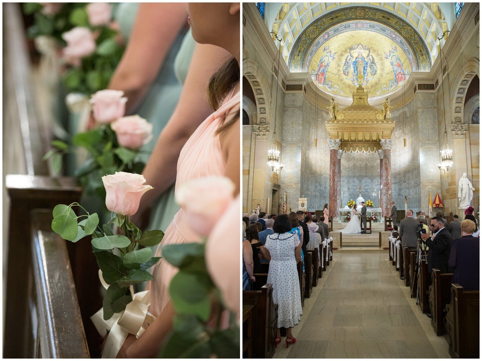 Wedding ceremony in an ornate church, with guests seated along the aisle and pink roses in the foreground