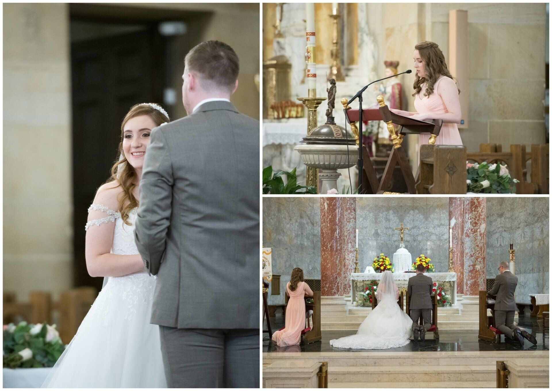 Wedding ceremony collage in a church: bride and groom at the altar, reading vows, and standing together.