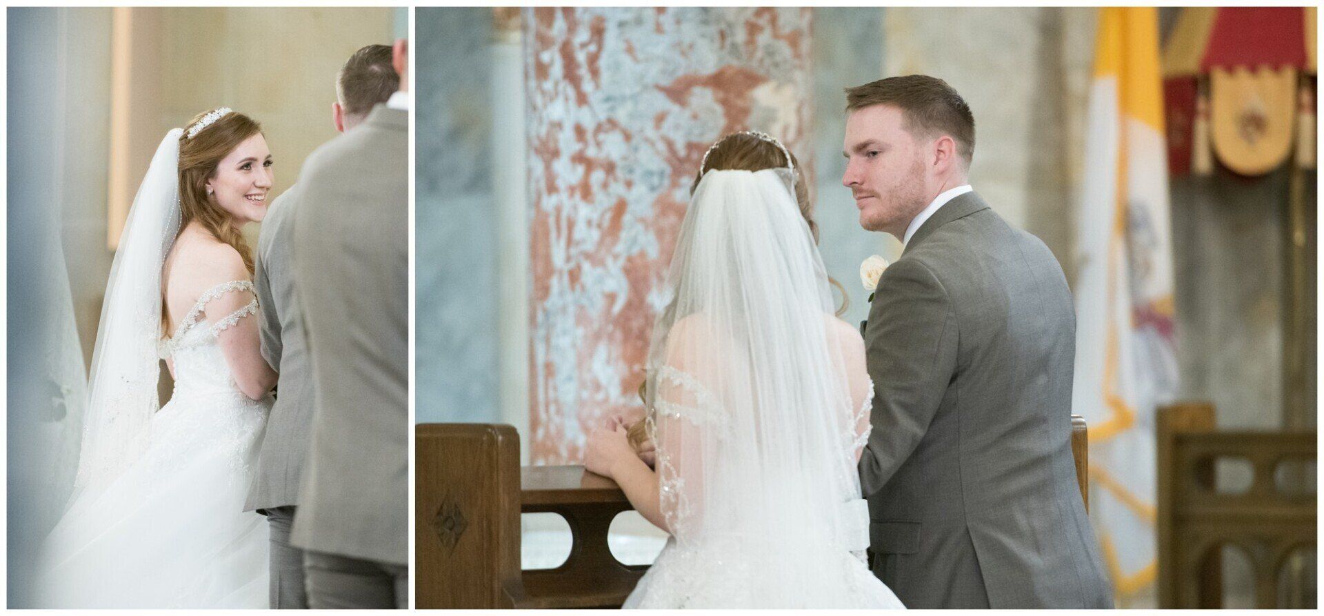 Bride and groom at the altar, seen from behind in a bright wedding ceremony setting