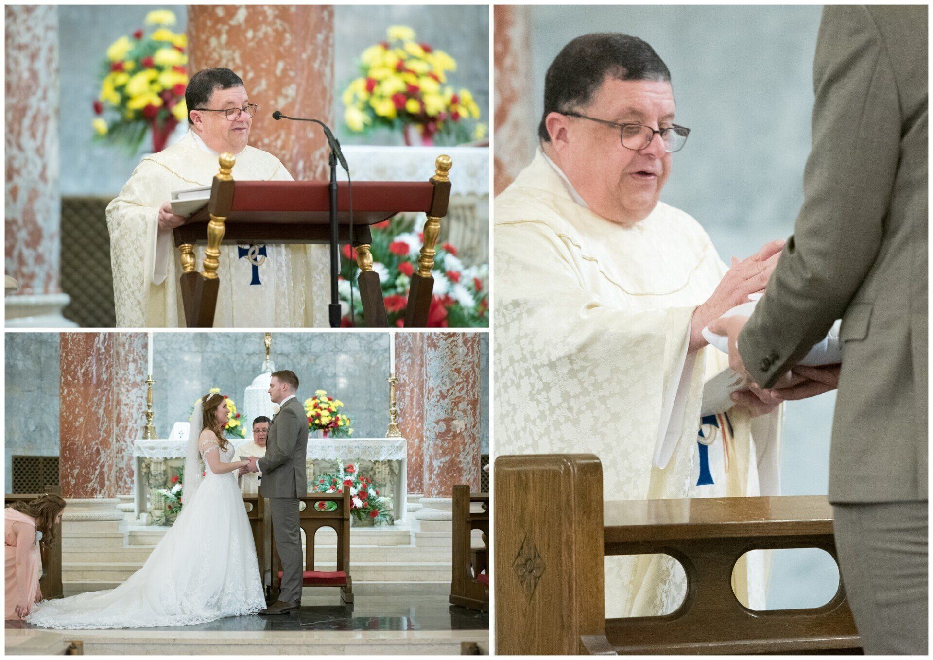 Wedding ceremony in a church, with a priest officiating the bride and groom at the altar.