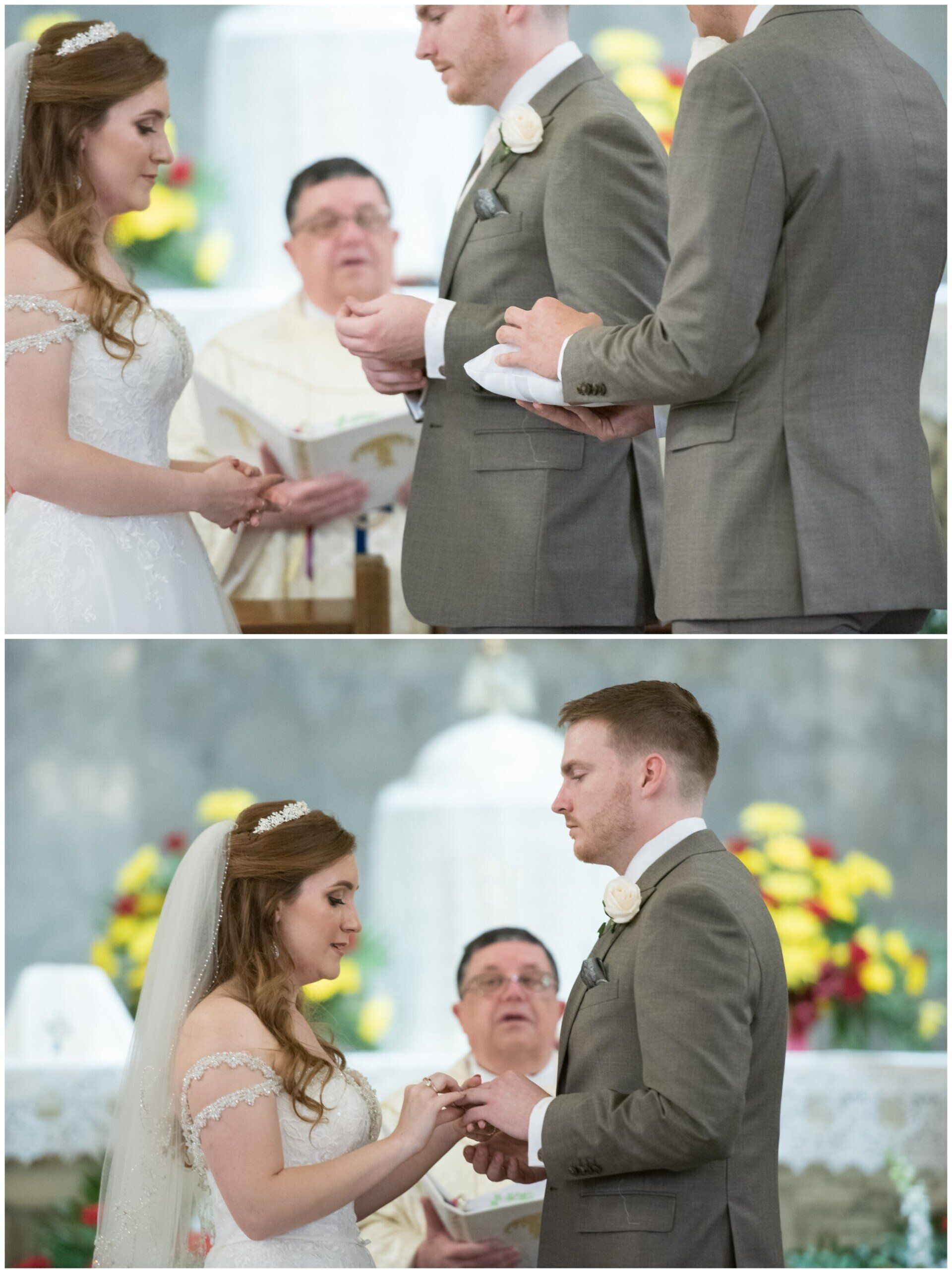 Side-by-side wedding photos of a bride and groom exchanging rings during the ceremony