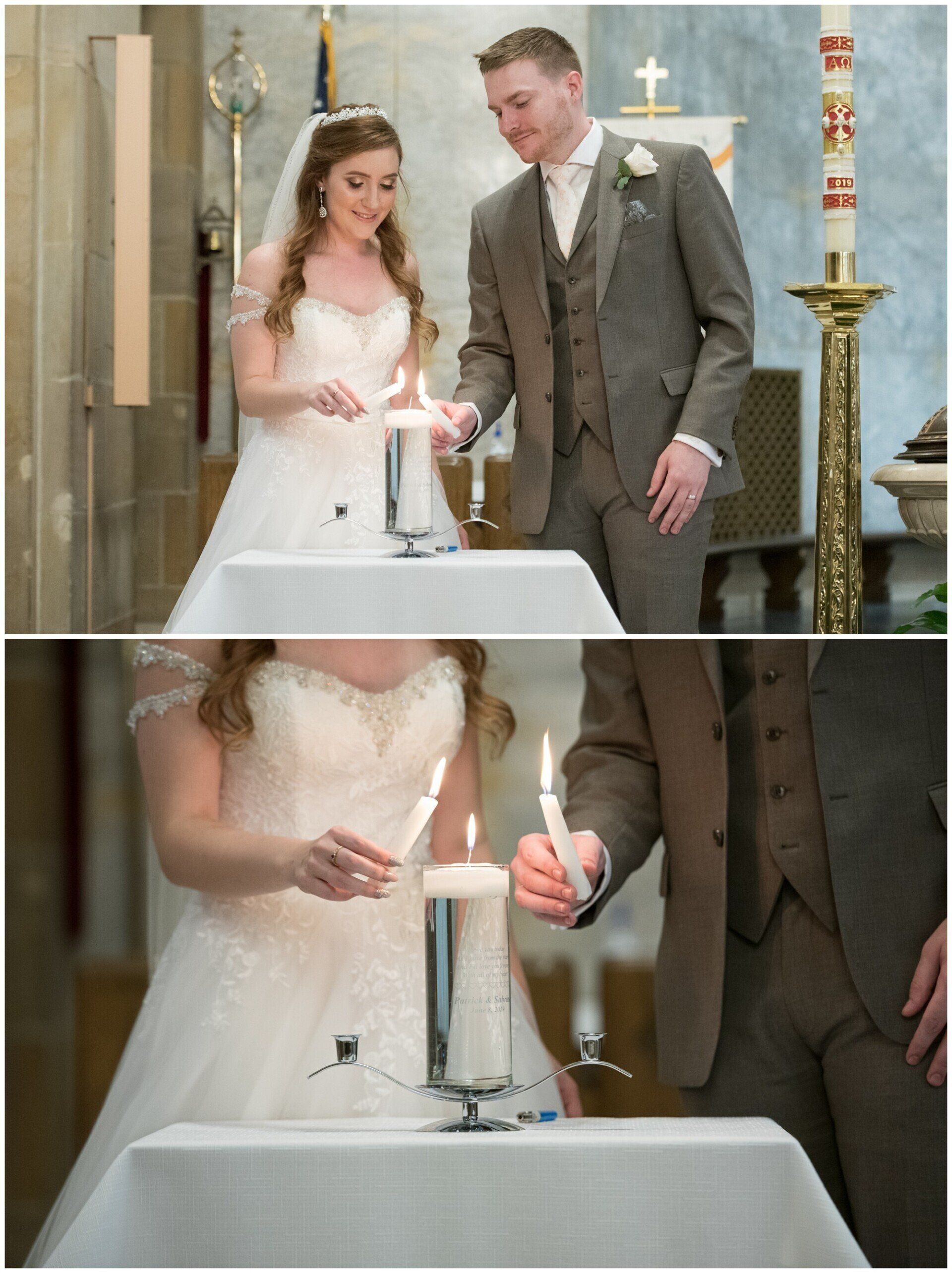 Bride and groom lighting a unity candle during a wedding ceremony