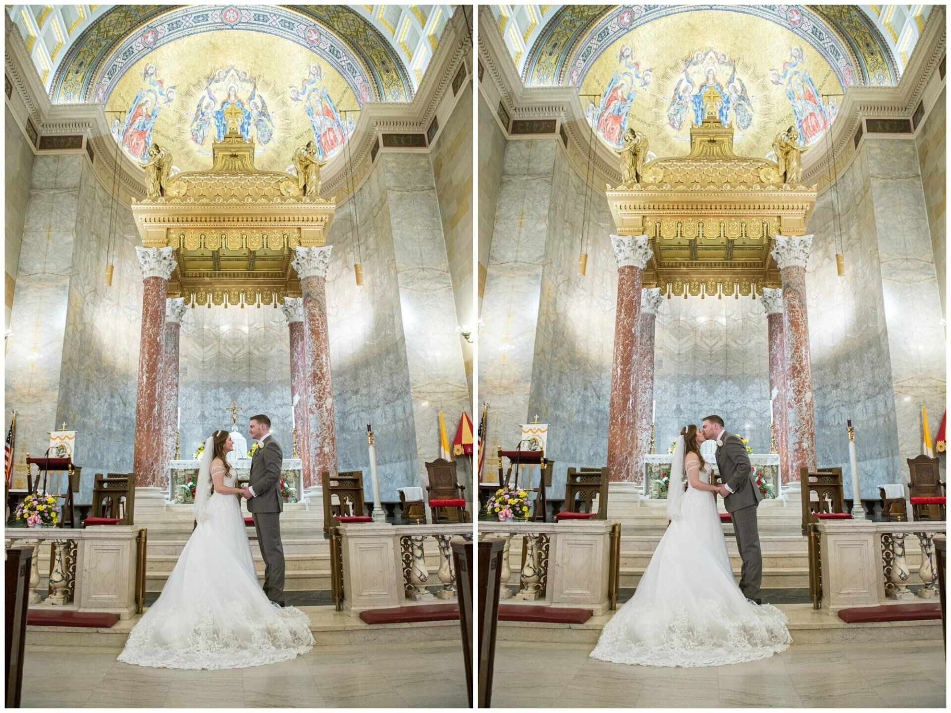 Bride and groom posing in a church aisle beneath an ornate gilded altar