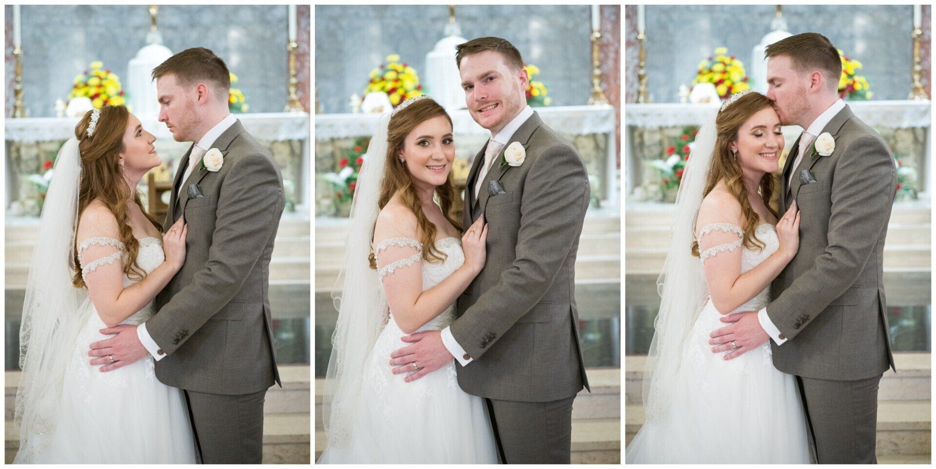 Bride and groom posing in a bright windowed room, smiling and embracing in three wedding portraits