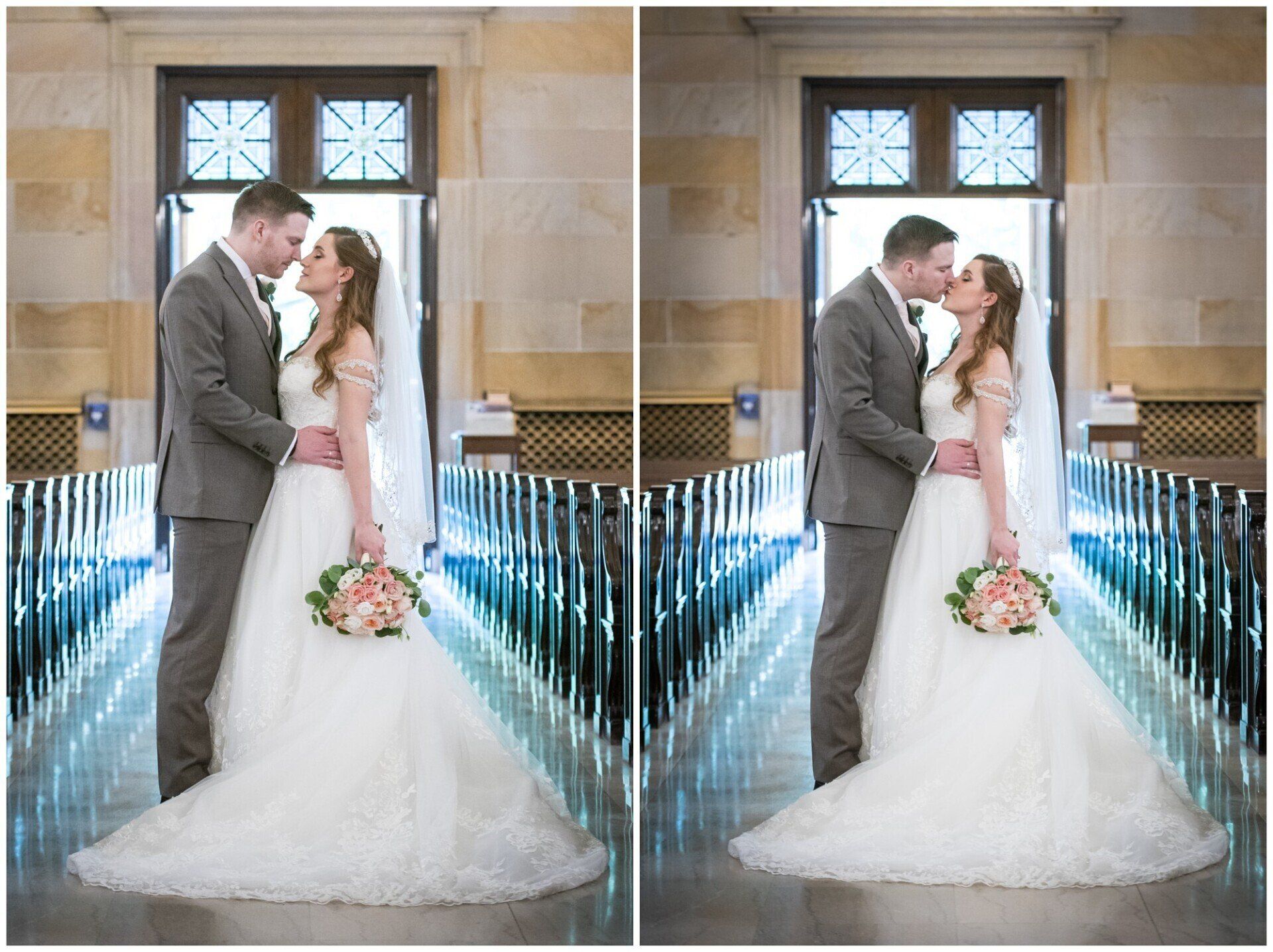 Bride and groom kissing in a church aisle, with a bouquet and white wedding gown