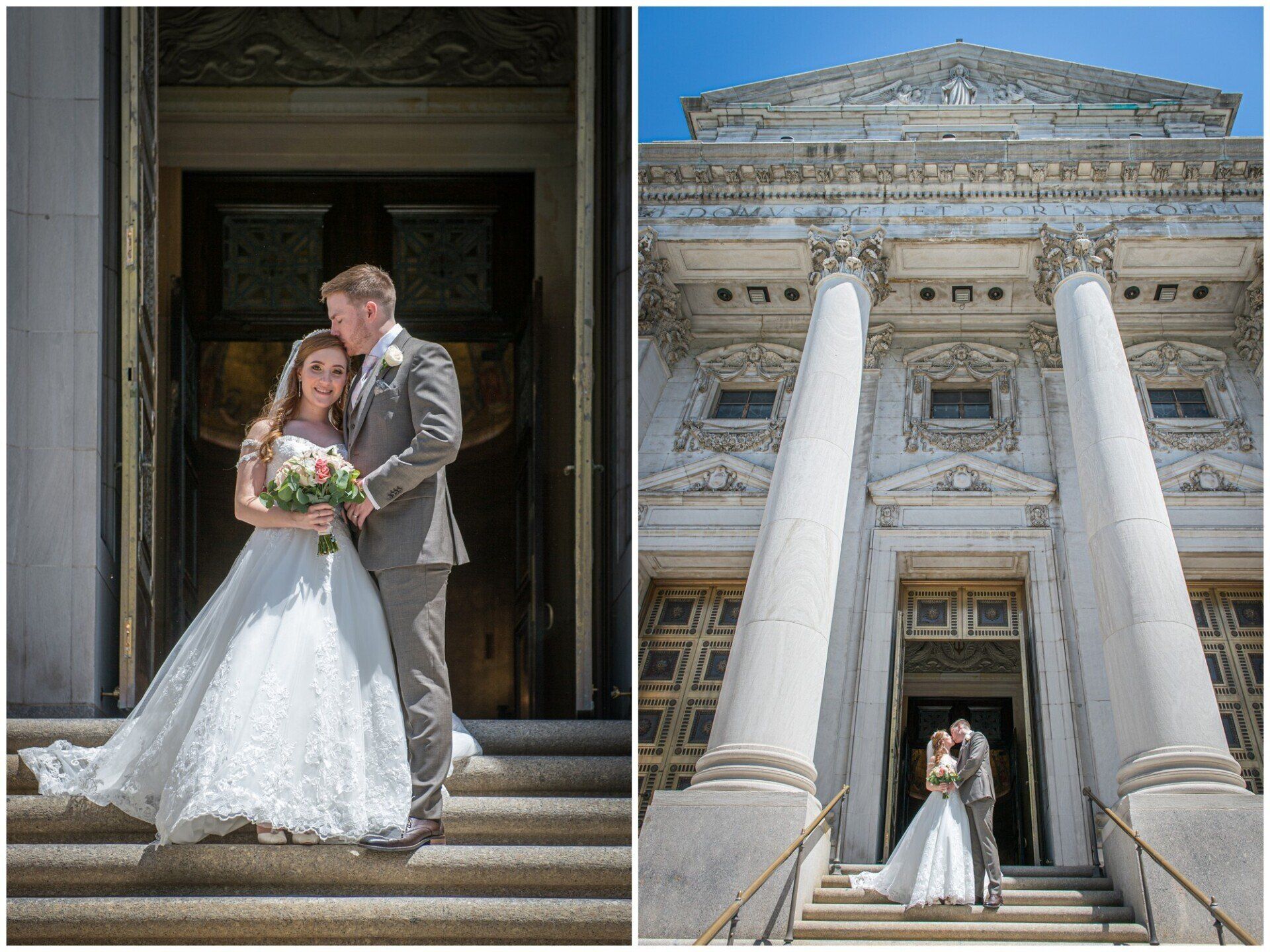 Bride and groom pose on courthouse steps before grand columns