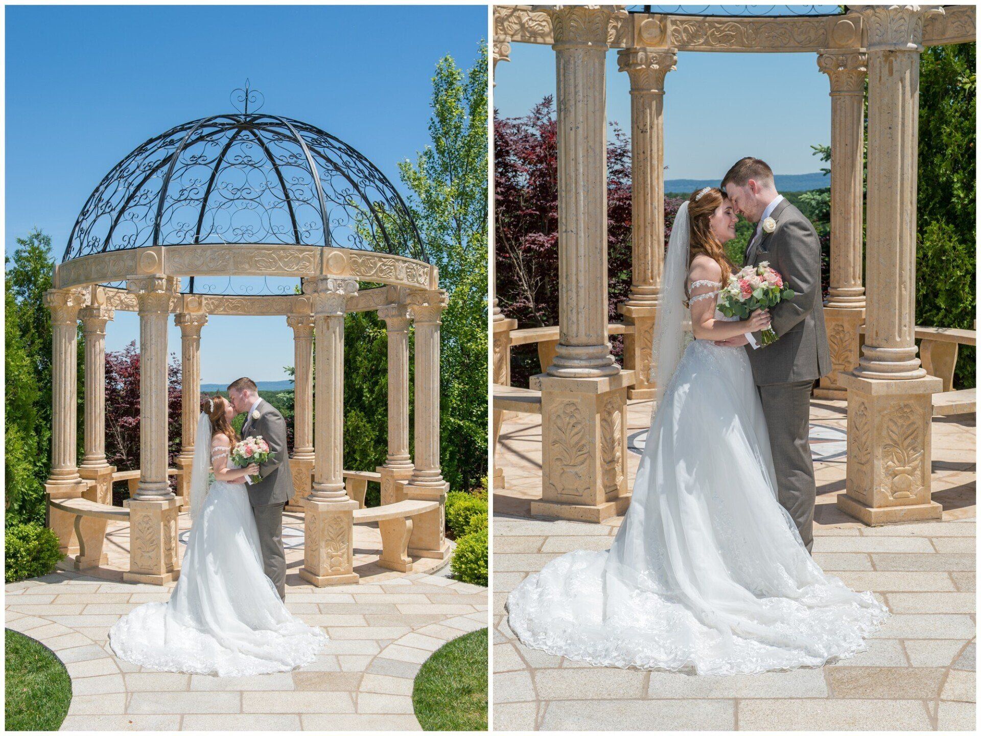 Bride and groom kissing under a stone gazebo in a sunny garden, with white wedding dress and bouquet